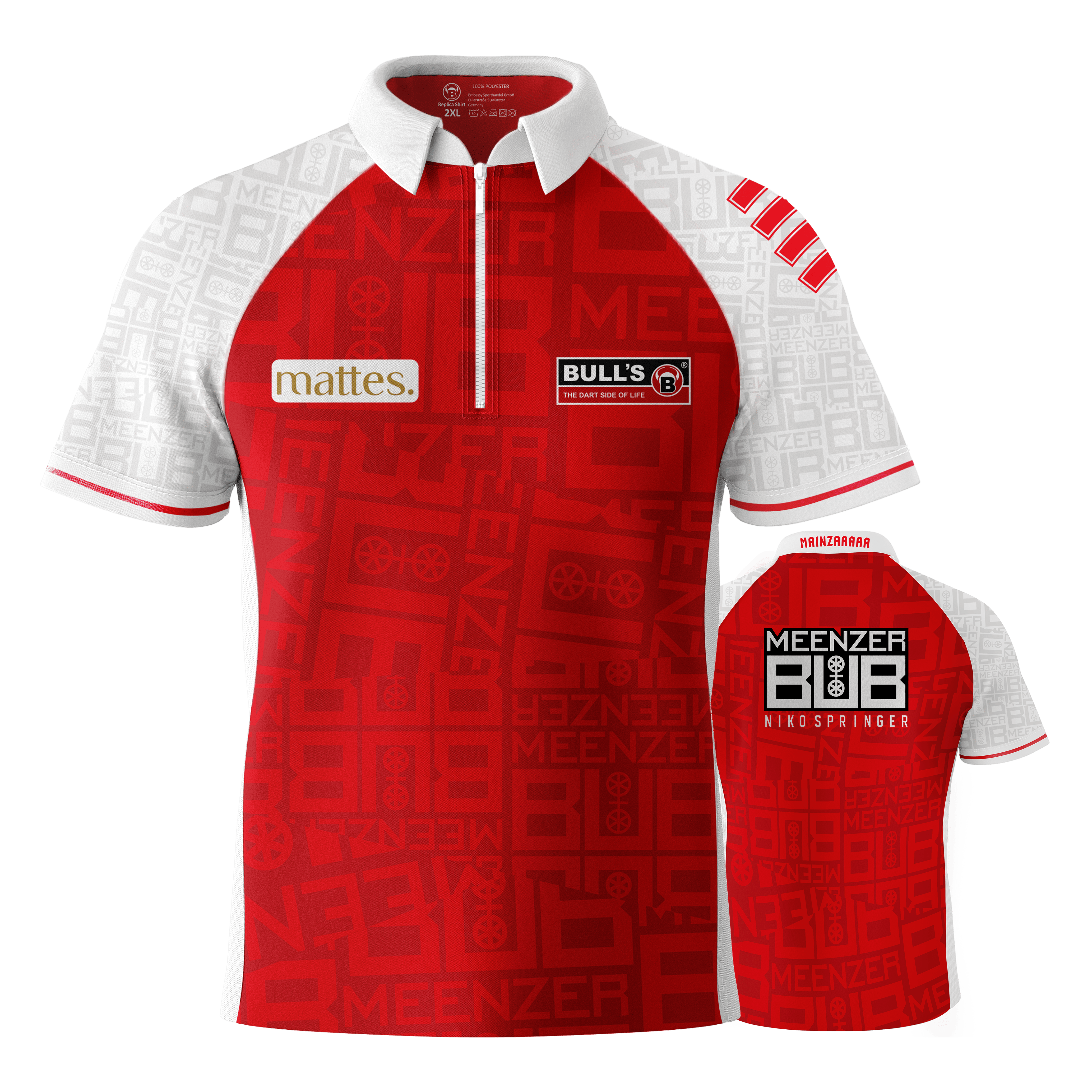 Koszulka Bulls Niko Springer Meenzer Bub Dart Das Bild zeigt das Dartshirt "Bulls Niko Springer Meenzer Bub" in Rot und Weiß. Auf der Vorder- und Rückseite sind verschiedene Logos und Schriftzüge abgebildet.