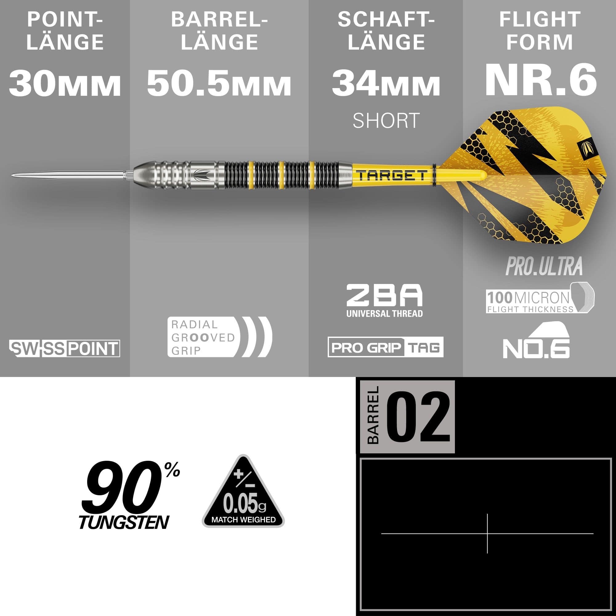 Stalowe lotki Target Buzz 02 Swiss Points Hier sieht man die Target Buzz 02 Swiss Points Steeldarts. Die Darts sind deutlich und im Detail abgebildet.