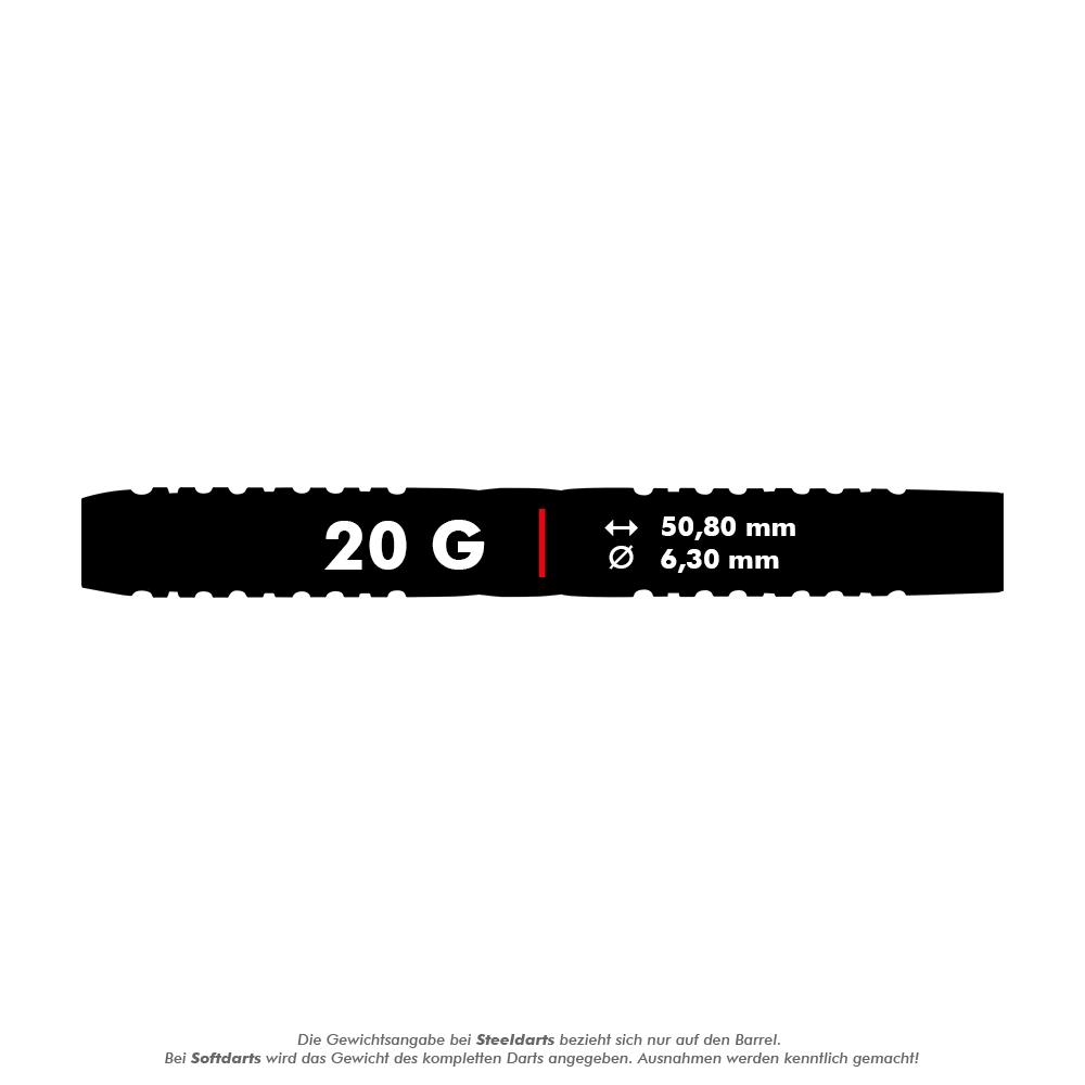 Czerwone lotki do gry Red Dragon Gerwyn Price Iceman Midnight Edition Soft Darts – 20 g Das Bild zeigt einen schwarzen Dart mit der Aufschrift "20 G". Zusätzlich sind die Maße 50,80 mm Länge und 6,30 mm Durchmesser angegeben.