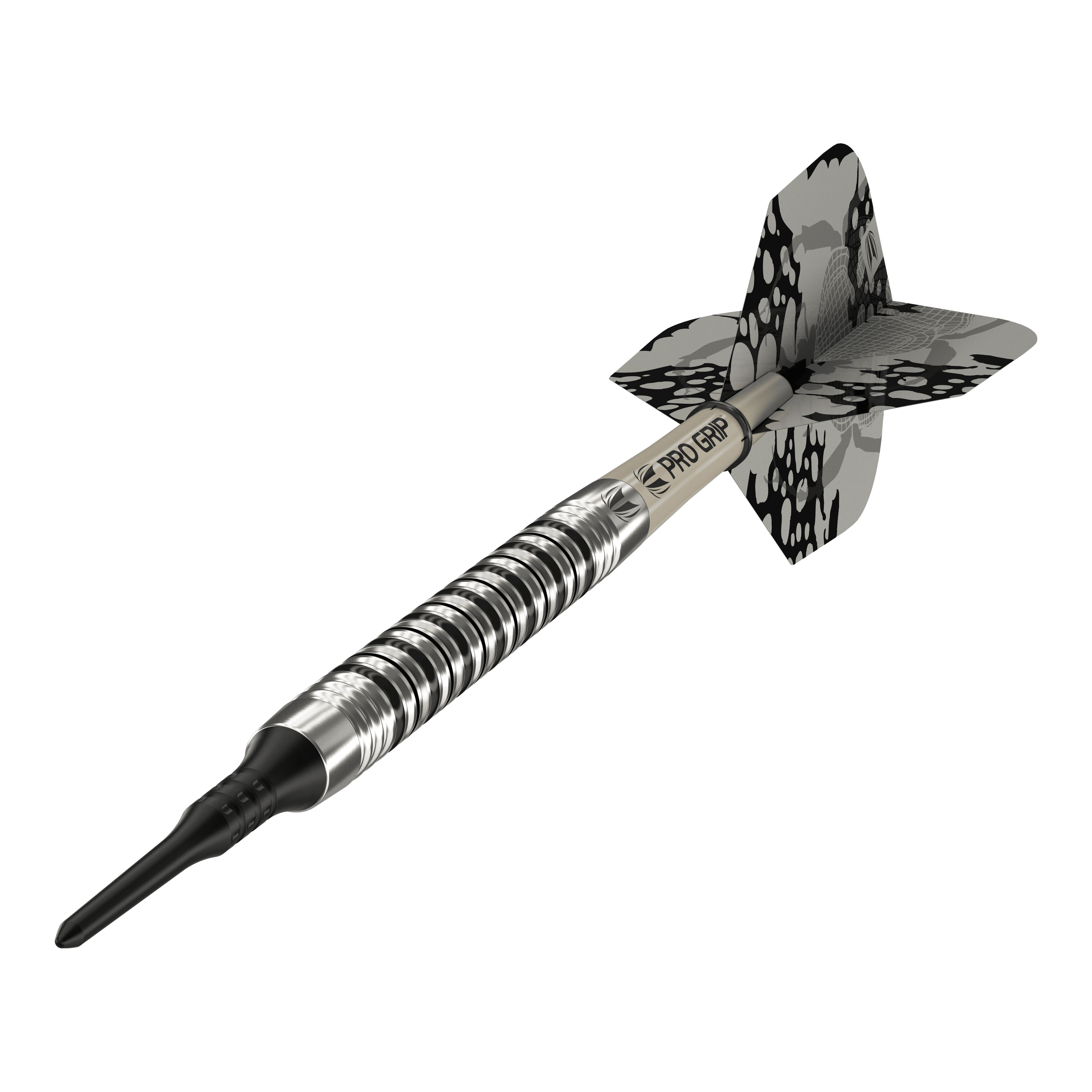Target EXO 11 Miękkie lotki Das Bild zeigt den Softdart "Target EXO 11". Er hat ein silber-schwarzes Design mit einem gemusterten Flight und einem Pro Grip Schaft.
