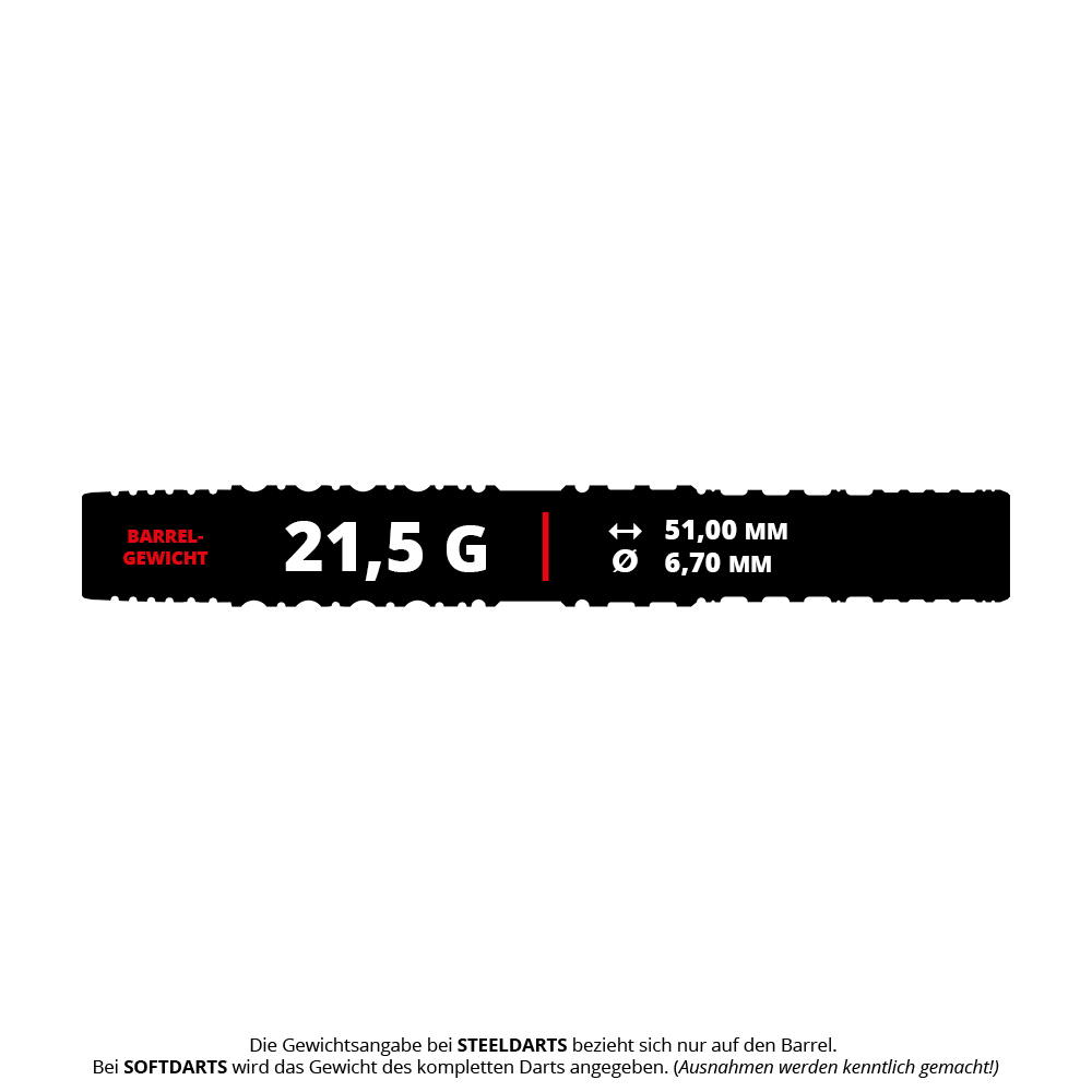 Lotki miękkie Target Japan Prime Series Sirius GEN4 – 21,5 g Das Bild zeigt die Spezifikationen des Produkts "Target Japan Prime Series Sirius GEN4 Softdarts - 21,5g". Es wiegt 21,5 Gramm, ist 51,00 mm lang und hat einen Durchmesser von 6,70 mm.