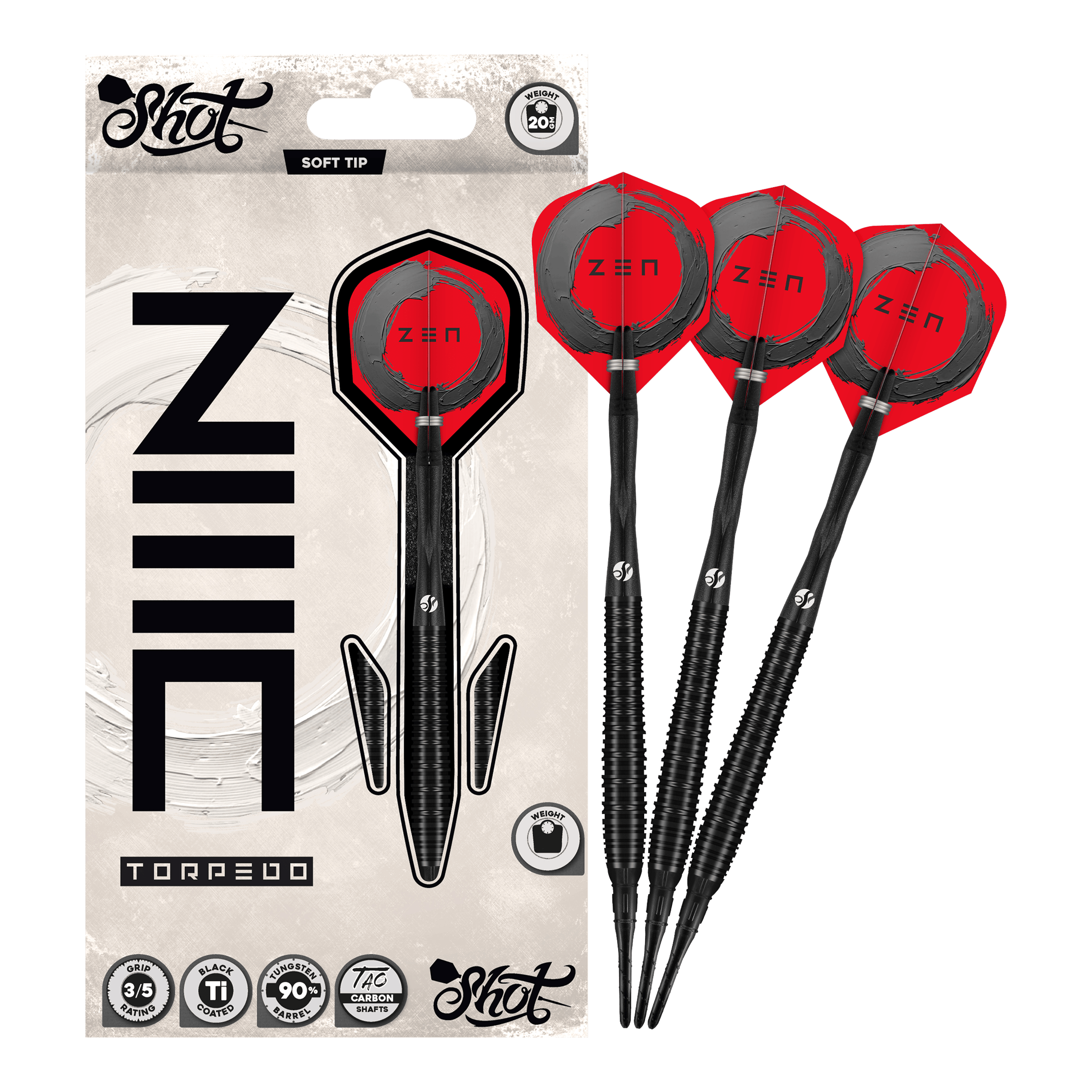 Shoty ZEN Torpedo Soft Darts - 20g Abgebildet sind die Shot ZEN Torpedo Softdarts - 20g in voller Länge. Der Dart ist für Präzision Wurftechnik bekannt.