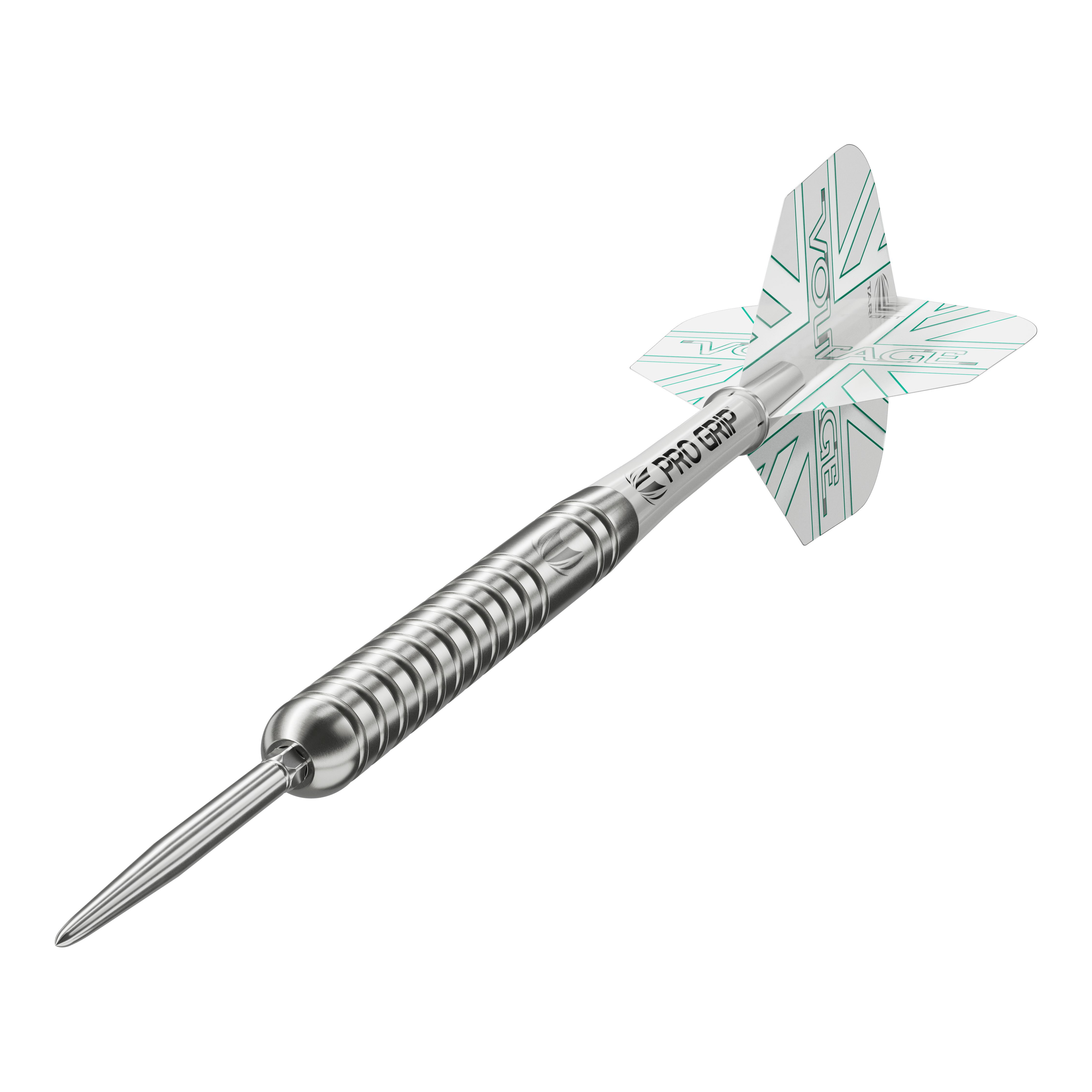 Lotki stalowe Target Rob Cross Voltage Swiss Point Das Bild zeigt einen Target Rob Cross Voltage Swiss Point Steeldart. Der Dartpfeil ist silbern und hat weiße Flights mit grünen Akzenten.