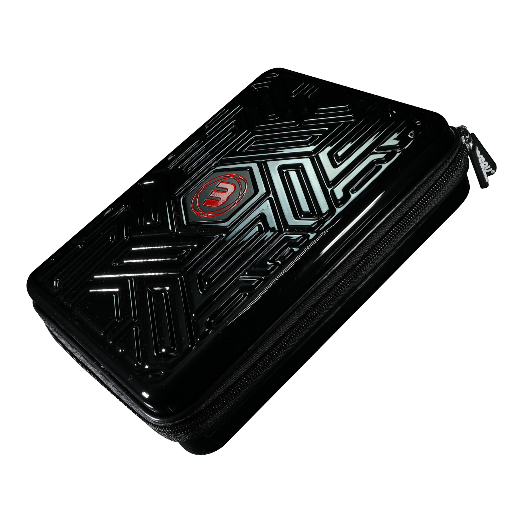 Winmau Armor G4 Dartwallet Das Bild zeigt ein schwarzes Dart-Etui mit glänzender, strukturierter Oberfläche und einem roten Logo in der Mitte. Das Etui hat einen Reißverschluss an der Seite.