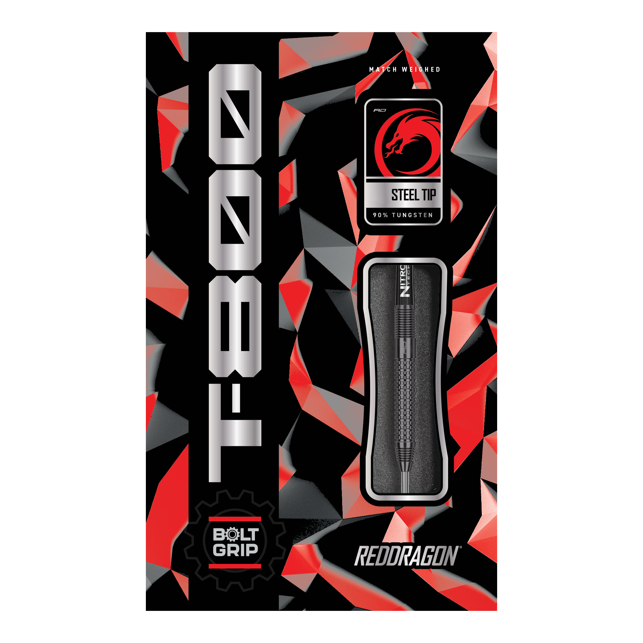 Red Dragon T-800 Steeldarts Die Abbildung zeigt die Verpackung der Red Dragon T-800 Steeldarts. Das Design ist schwarz mit roten und silbernen Akzenten, und der Dartpfeil ist in der Mitte sichtbar.