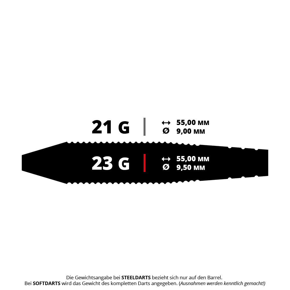 Das Bild zeigt die technischen Daten von zwei Steeldarts mit 21 g und 23 g Gewicht. Beide Darts haben eine Länge von 55,00 mm, der Durchmesser beträgt 9,00 mm bzw. 9,50 mm.