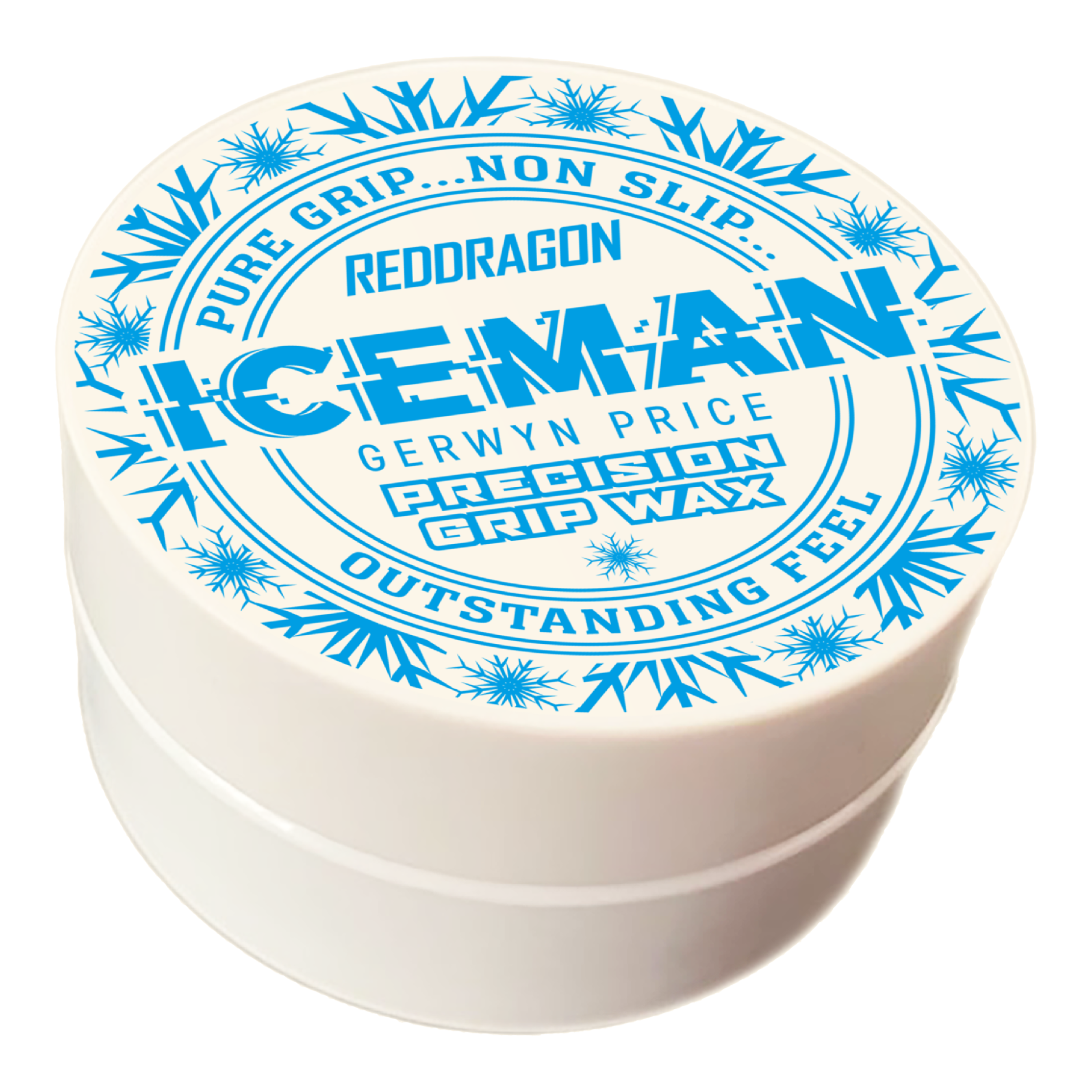 Wosk do palców Red Dragon Gerwyn Price Iceman Precision Grip Wax Das Bild zeigt eine weiße Dose mit der Aufschrift „Red Dragon Gerwyn Price Iceman Precision Grip Wax“. Auf dem Deckel sind blaue Schneeflocken und Werbeslogans wie „Pure Grip… Non Slip… Outstanding Feel“ abgebildet.