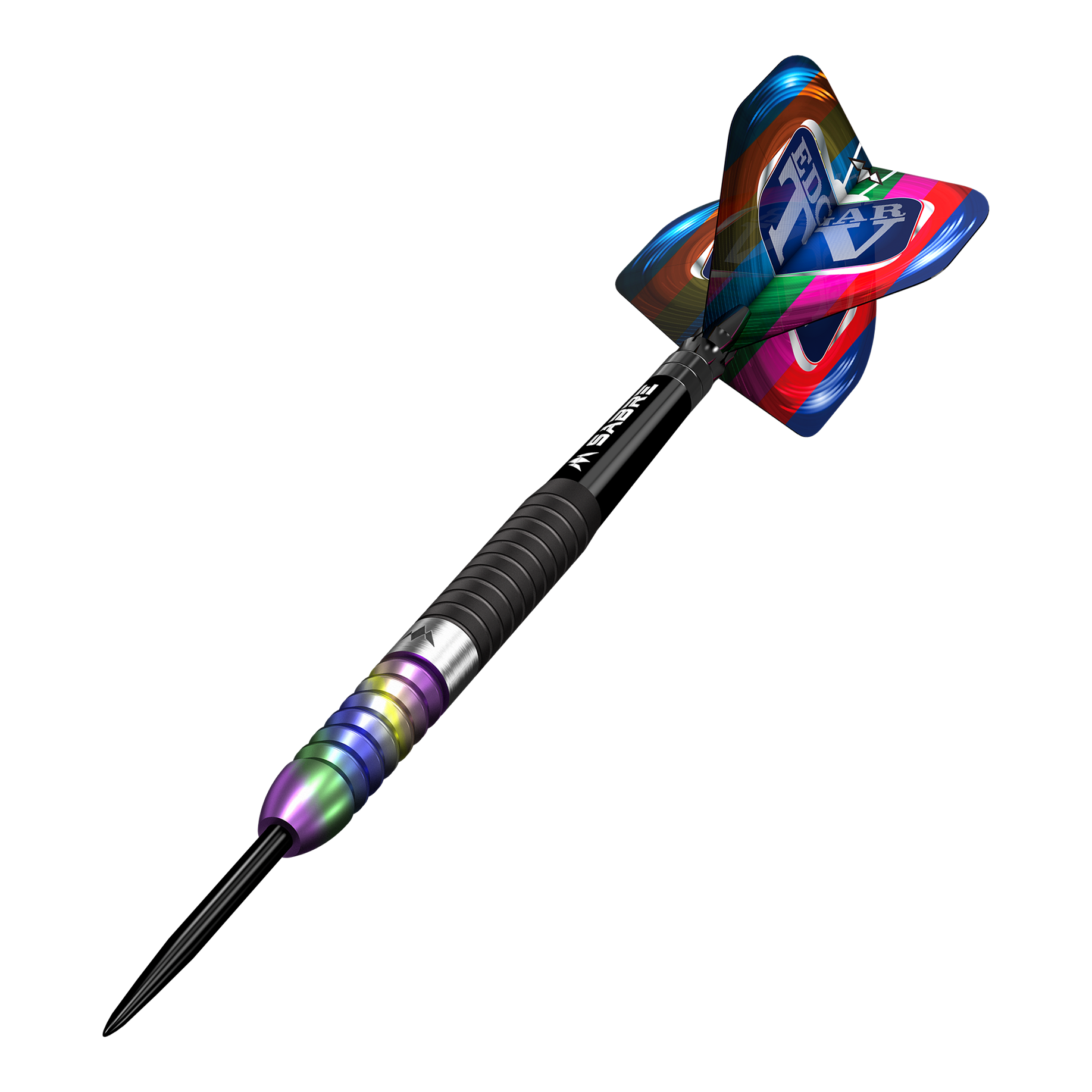 Misja Matt Edgar Steeldarts Dieses Bild zeigt einen Mission Matt Edgar Steeldart. Der Dartpfeil hat einen bunten Schaft und eine auffällige, farbenfrohe Flight.