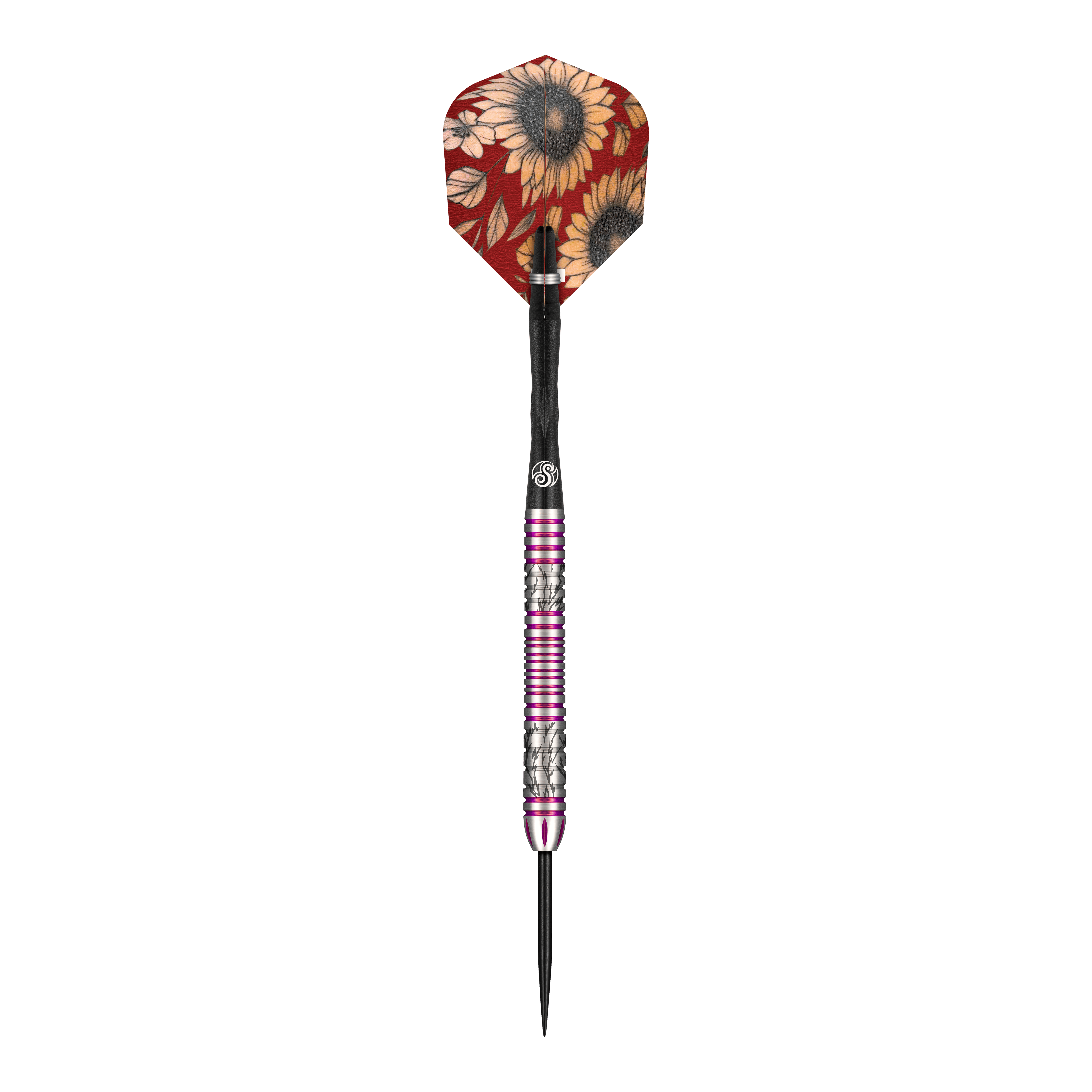 Das Bild zeigt einen Steeldartpfeil der Marke Shot Pro Series Barora Hospodarska mit einem Gewicht von 23 Gramm. Der Dartpfeil hat eine bunte Flights mit Sonnenblumenmuster und einen silbernen Schaft mit pinkfarbenen Ringen.