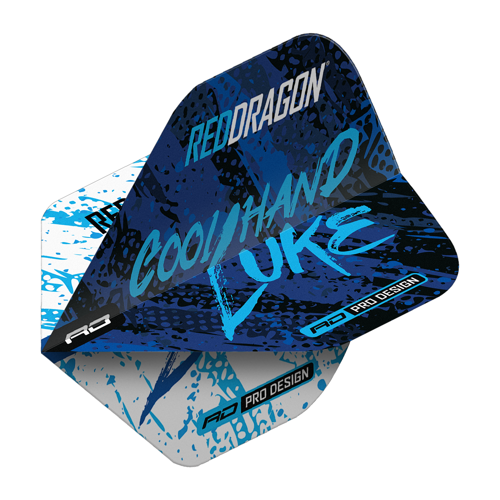Czerwony Smok Luke Humphries Mistrz Świata Niebieski Biały Yin Yang Standardowe Loty Das Bild zeigt ein Dart-Flight im Design "Red Dragon Luke Humphries World Champion Blue White Yin Yang Standard Flights". Auf dem Flight stehen die Worte "Cool Hand Luke" in blauer Schrift auf einem blau-weißen Hintergrund.