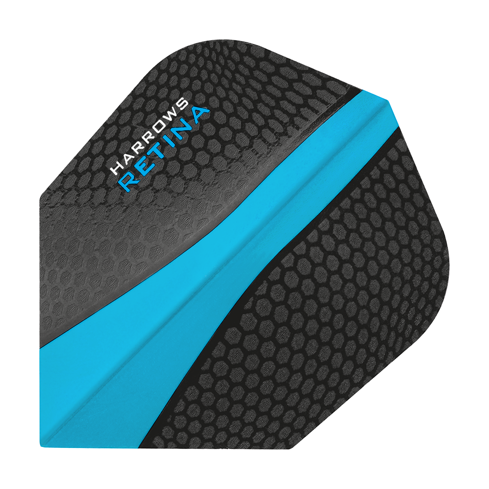 HR5512_Harrows_Retina_Hellblau_No2_Standard_Flights_1 Das Bild zeigt ein Harrows Retina Aqua No6 Dartflight. Das Flight ist schwarz mit einem blauen Streifen und einer wabenartigen Struktur.