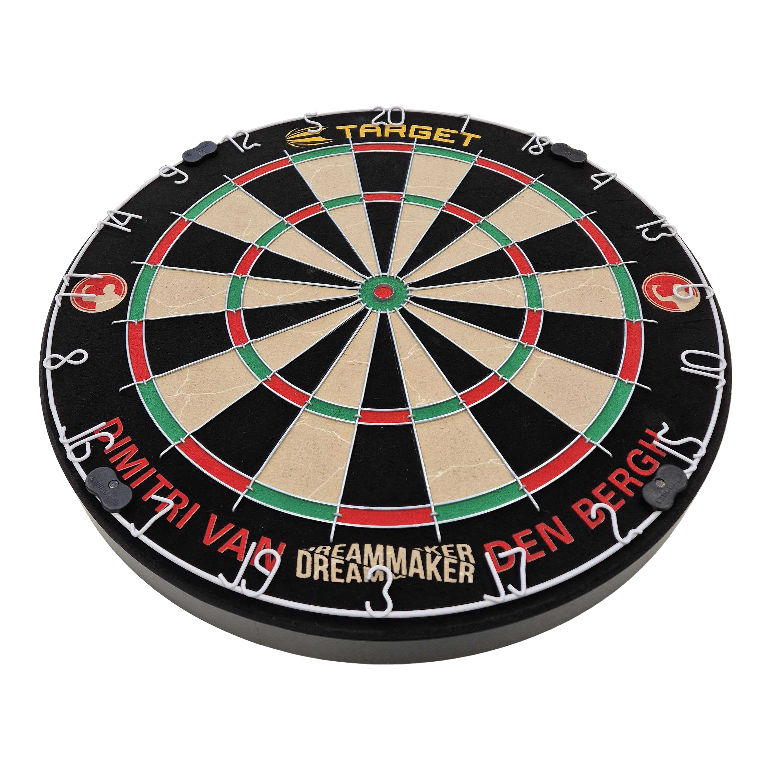 Zestaw tarcz stalowych Target Dimitri Van Den Bergh Das Bild zeigt eine Steeldart-Scheibe mit farbigen Feldern und Metallabtrennungen. Am Rand steht der Name "Dimitri Van Den Bergh" sowie der Schriftzug "Dreammaker".
