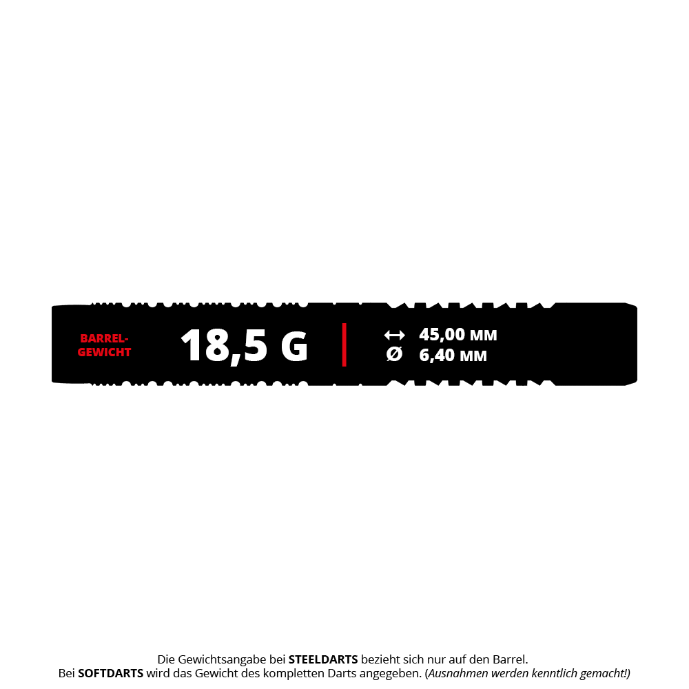Target Japan Crux Honor Soft Darts - 18,5 g Das Bild zeigt die Produktdetails der "Target Japan Crux Honor Softdarts" mit einem Gewicht von 18,5 Gramm. Außerdem sind die Maße angegeben: 45,00 mm Länge und 6,40 mm Durchmesser.