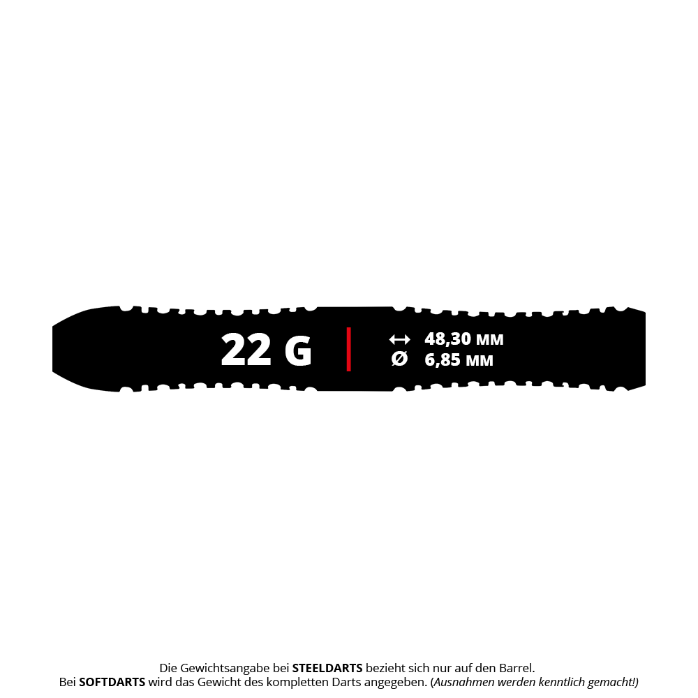 Rzutki stalowe Red Dragon Jason Watt - 22g Das Bild zeigt das Produkt "Red Dragon Jason Watt Steeldarts - 22g". Der Dart hat ein Gewicht von 22 Gramm, eine Länge von 48,30 mm und einen Durchmesser von 6,85 mm.
