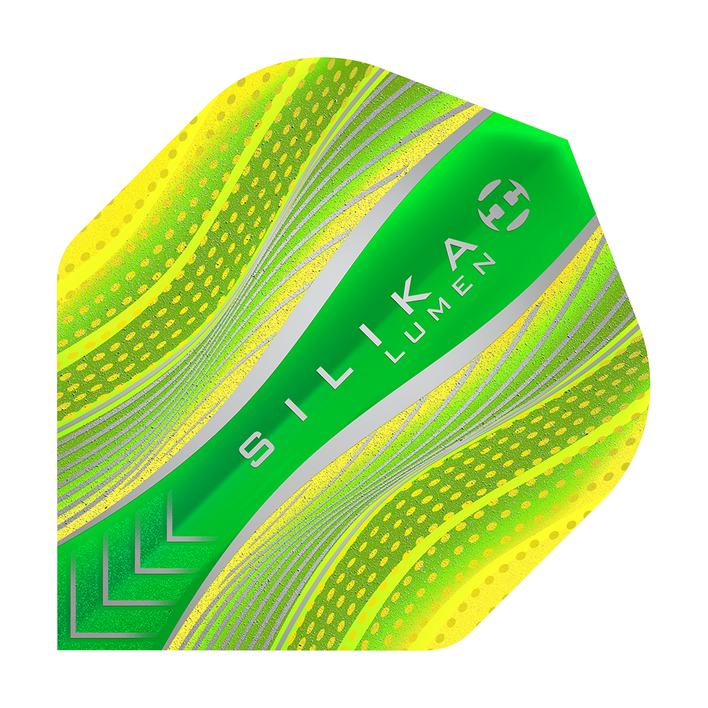 HR79_Harrows_Silika_Lumen_Yellow_No2_Standard_Flights_1 Das Bild zeigt das Produkt "Harrows Silika Lumen Yellow No2 Standard Flights". Es ist ein Dartflight mit leuchtend gelben und grünen Farben sowie silbernen Akzenten.