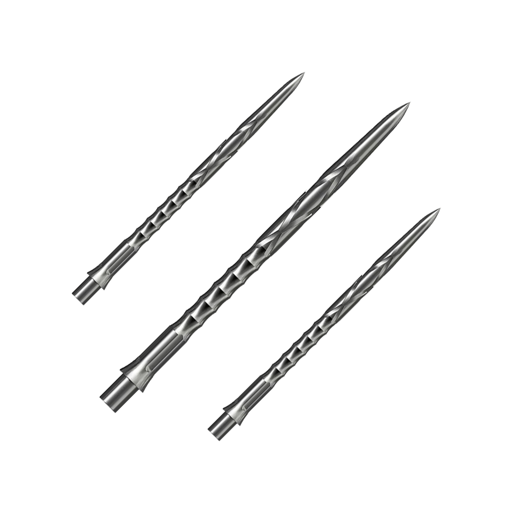 Das Bild präsentiert ein Set Caliburn Evo System Steeldartspitzen, HAN G2, Silber, 40mm. Das Set enthält mehrere Spitzen für Steeldarts.