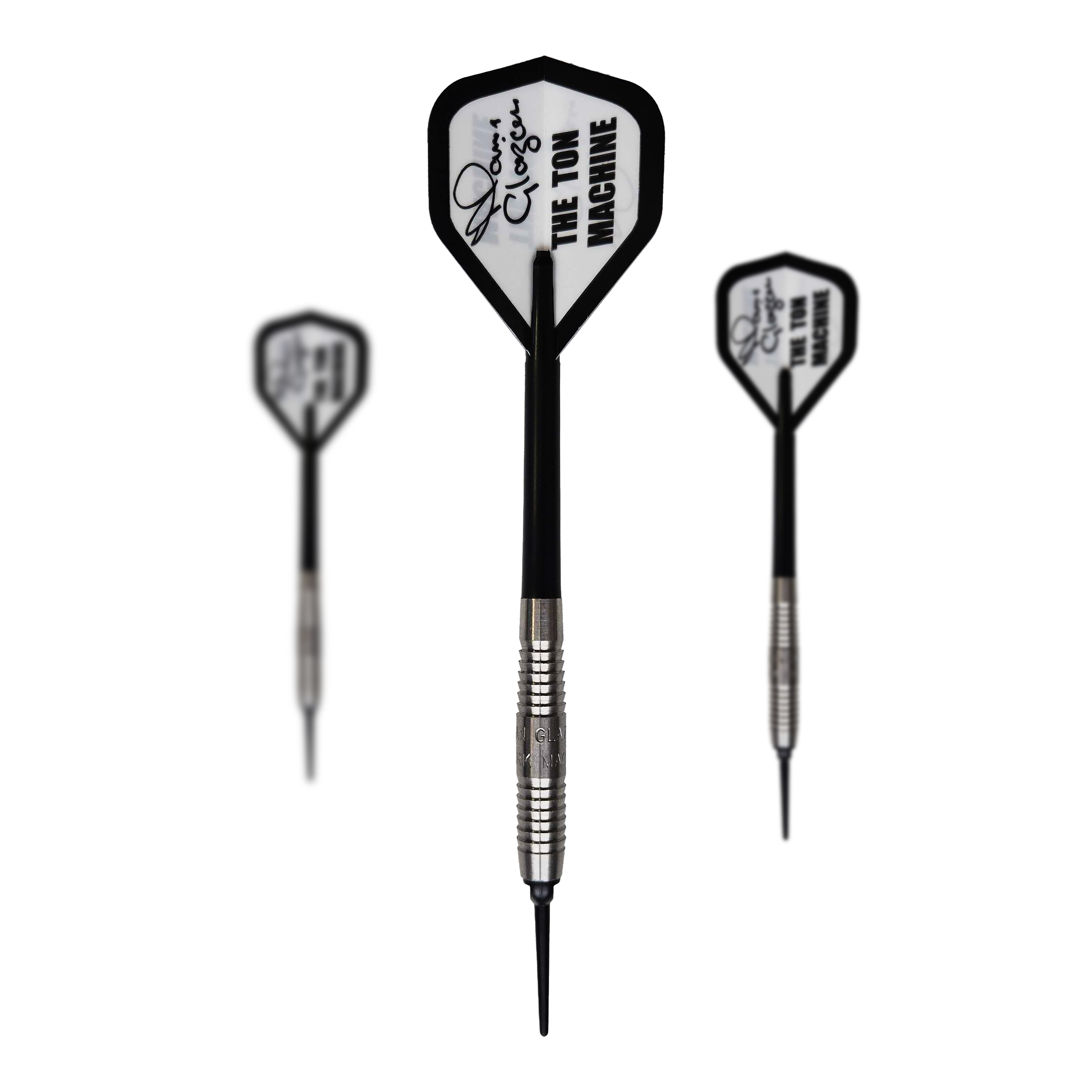 McKicks Alam Glazier Shark Machine Miękkie lotki Das Bild zeigt drei Softdarts des Produkts "McKicks Alam Glazier Shark Machine". Die Darts haben silberne Griffe und weiße Flights mit der Aufschrift "THE TON MACHINE".
