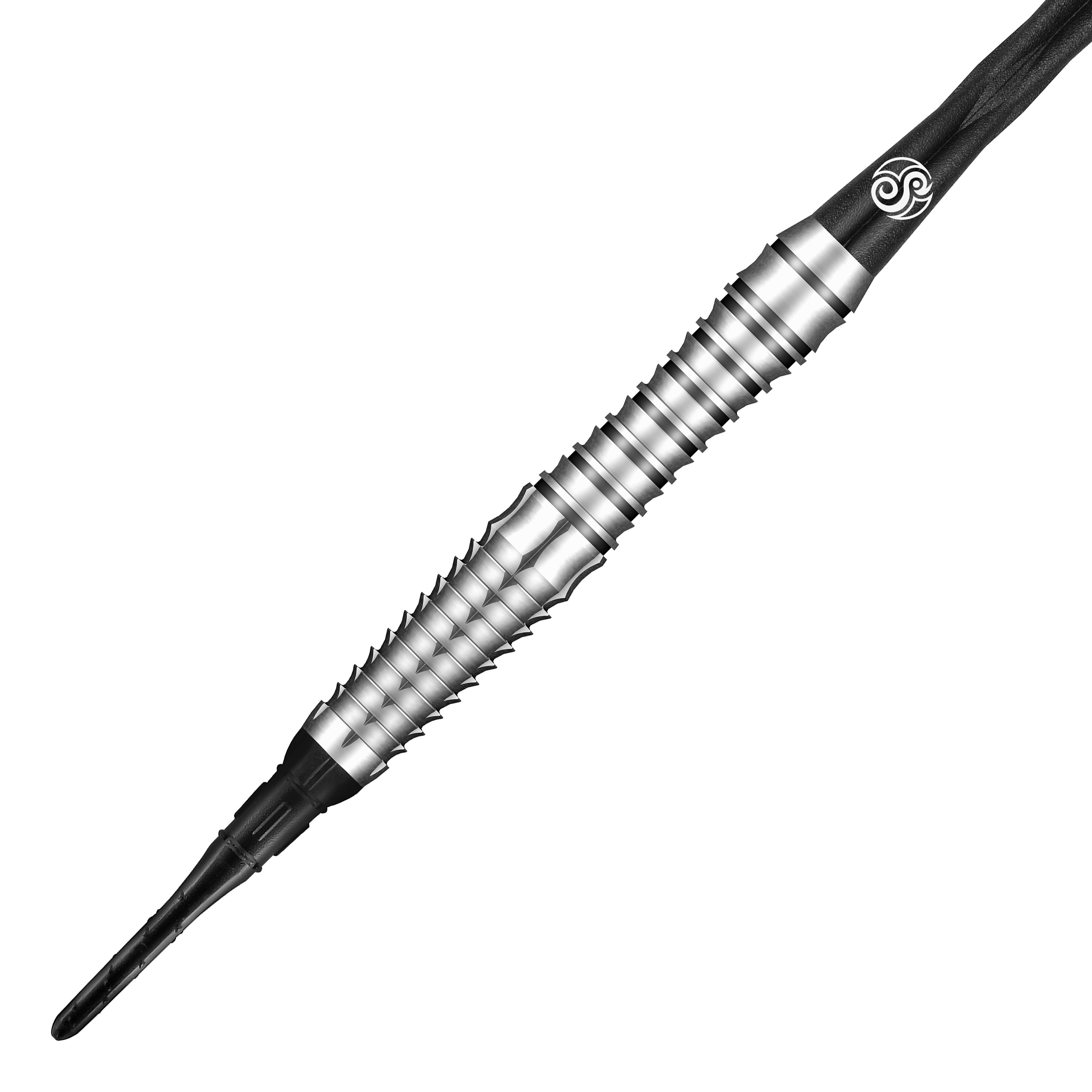 Miękkie lotki Shot Tribal Weapon Toki Das Bild zeigt einen Shot Tribal Weapon Toki Softdart. Der Dart ist silberfarben mit markanten Rillen und einem schwarzen Schaft.