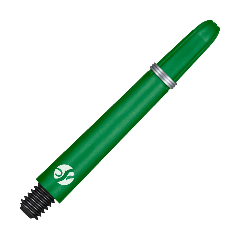 Wałki karbonowe Shot Koi - zielone Dies ist ein grüner Dart-Schaft mit einem Metallring und einem schwarzen Gewinde. Er hat ein weißes Logo am unteren Ende.