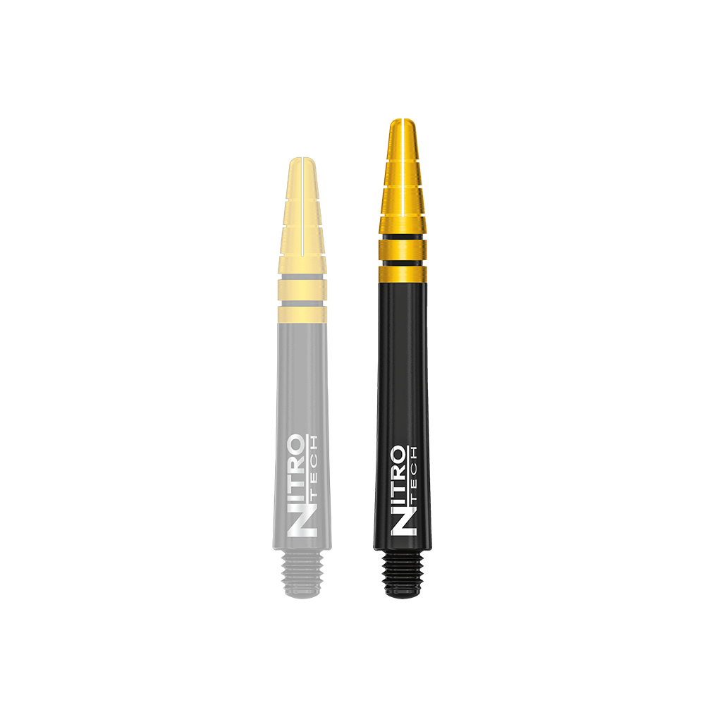 C702_Red_Dragon_Nitrotech_Black_Gold_Shafts_42mm_1 Das Bild zeigt zwei schwarze und goldene Dartschäfte mit der Aufschrift "Nitro Tech". Sie sind gerade nebeneinander angeordnet und heben sich deutlich vom weißen Hintergrund ab.