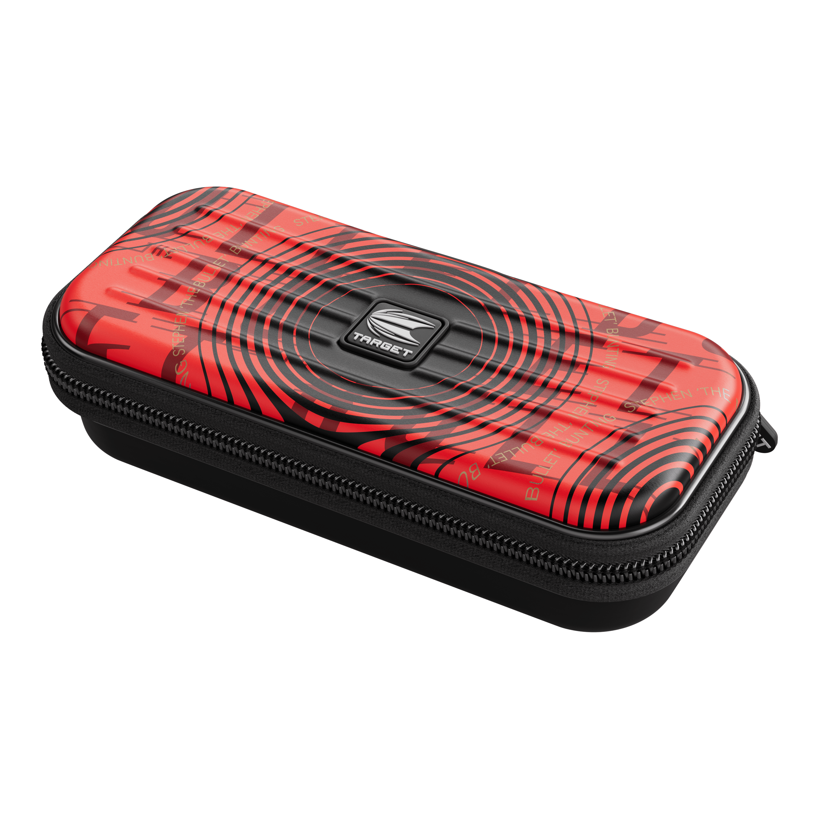Etui na lotki Target Takoma Stephen Bunting Das Bild zeigt das Produkt "Target Takoma Stephen Bunting Dartcase". Das Etui ist rot mit schwarzen Kreisen und hat einen Reißverschluss.