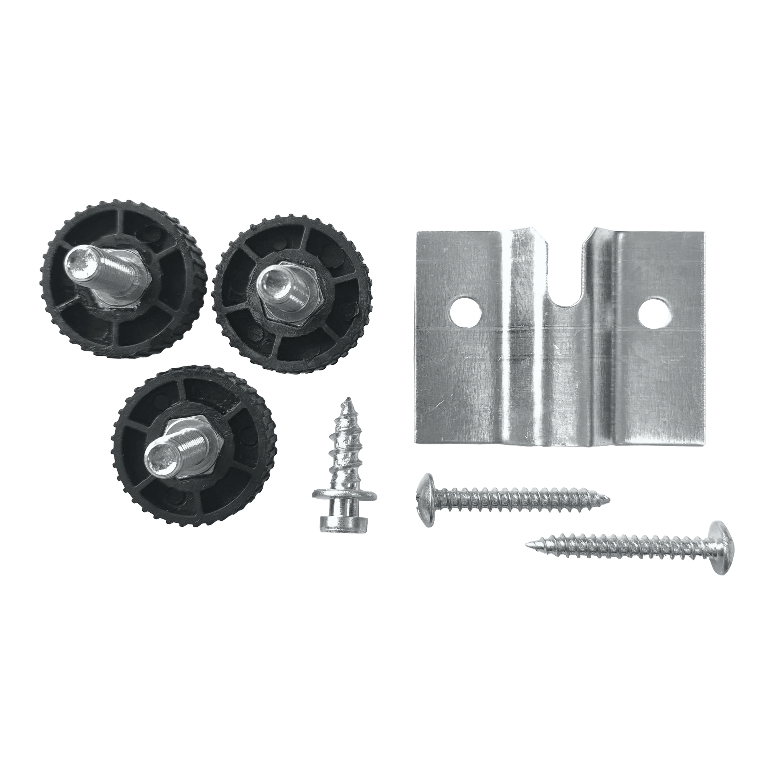 Uchwyt ścienny Winmau Rota-Lock Blade 6 Das Bild zeigt das Winmau Rota-Lock Blade 6 Wandhalterungs-Set mit drei schwarzen Einstellrädern, einer Metallhalterung und Schrauben. Diese Teile werden verwendet, um ein Dartboard sicher an der Wand zu befestigen.