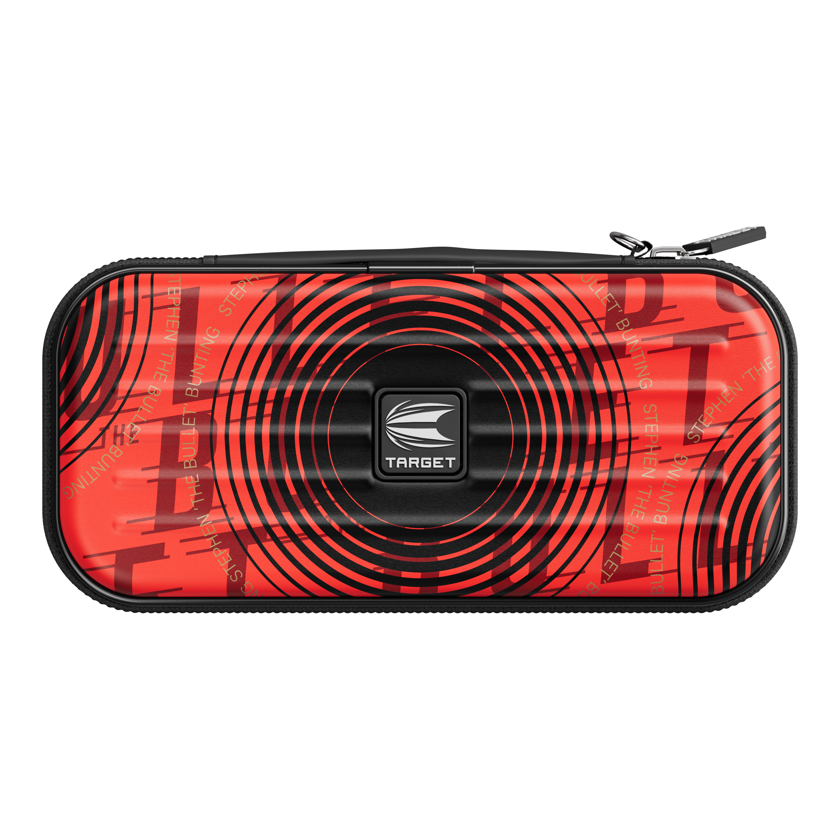 Etui na lotki Target Takoma Stephen Bunting Das Bild zeigt das Target Takoma Stephen Bunting Dartcase in einem auffälligen roten Design mit schwarzen Kreisen. In der Mitte befindet sich das Target-Logo und das Etui hat einen Reißverschluss.