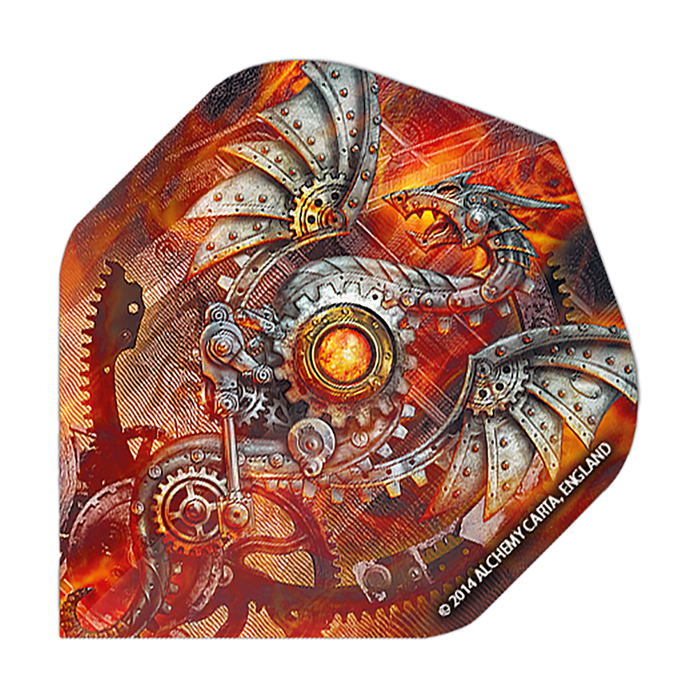 Alchemy Tech Dragon No2 Standard Flights Das Bild zeigt ein Dartflight mit einem mechanischen Drachen-Design in Steampunk-Optik. Die Farben sind überwiegend orange und silber, mit vielen Zahnrädern und Metallstrukturen.