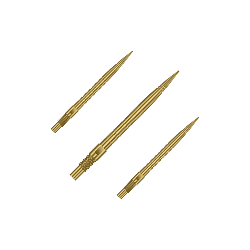 Das Bild zeigt mehrere goldene Dartspitzen. Die Spitzen sind wahrscheinlich vom Typ Harrows Quick Point MicroRidge, 26mm lang.