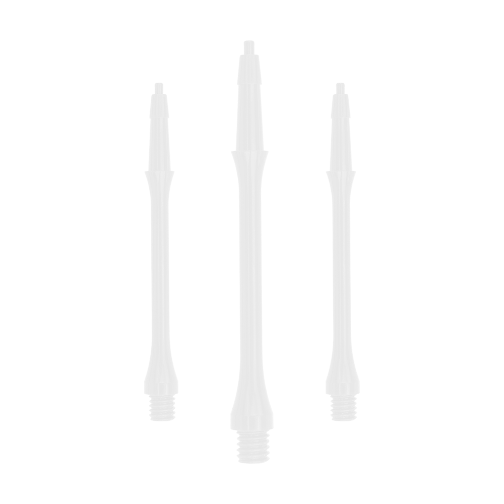 Das Bild zeigt drei weiße Harrows Clic Slim Shafts. Sie sind gerade und haben ein schlankes Design für Dartpfeile.