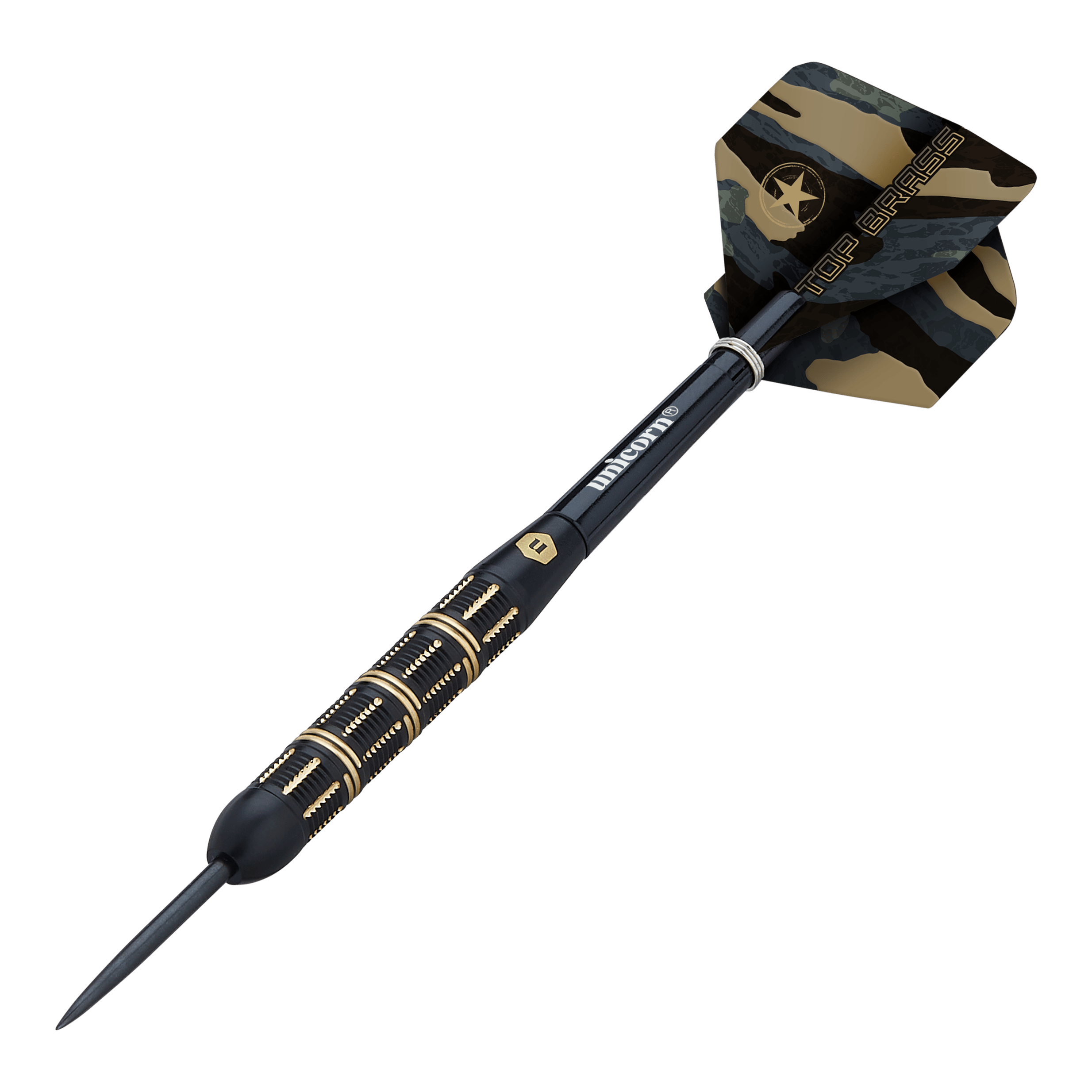 Unicorn Top Brass V3 Steeldarts - 21g Dies ist ein Steeldart der Marke Unicorn, Modell Top Brass V3 mit einem Gewicht von 21 Gramm. Der Dart hat ein schwarz-goldenes Design mit einer Tarnmuster-Flügel.