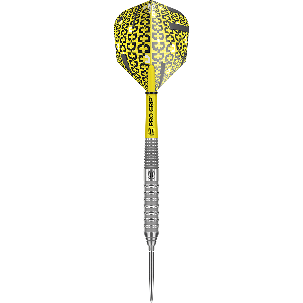 190054_Target_Bolide_02_Swiss_Point_Steeldarts_14GQVsnW3OfCj8 Das Bild zeigt einen Target Bolide 02 Swiss Point Steeldart mit gelbem Flight und silbernem Barrel. Der Schaft trägt die Aufschrift "Pro Grip".