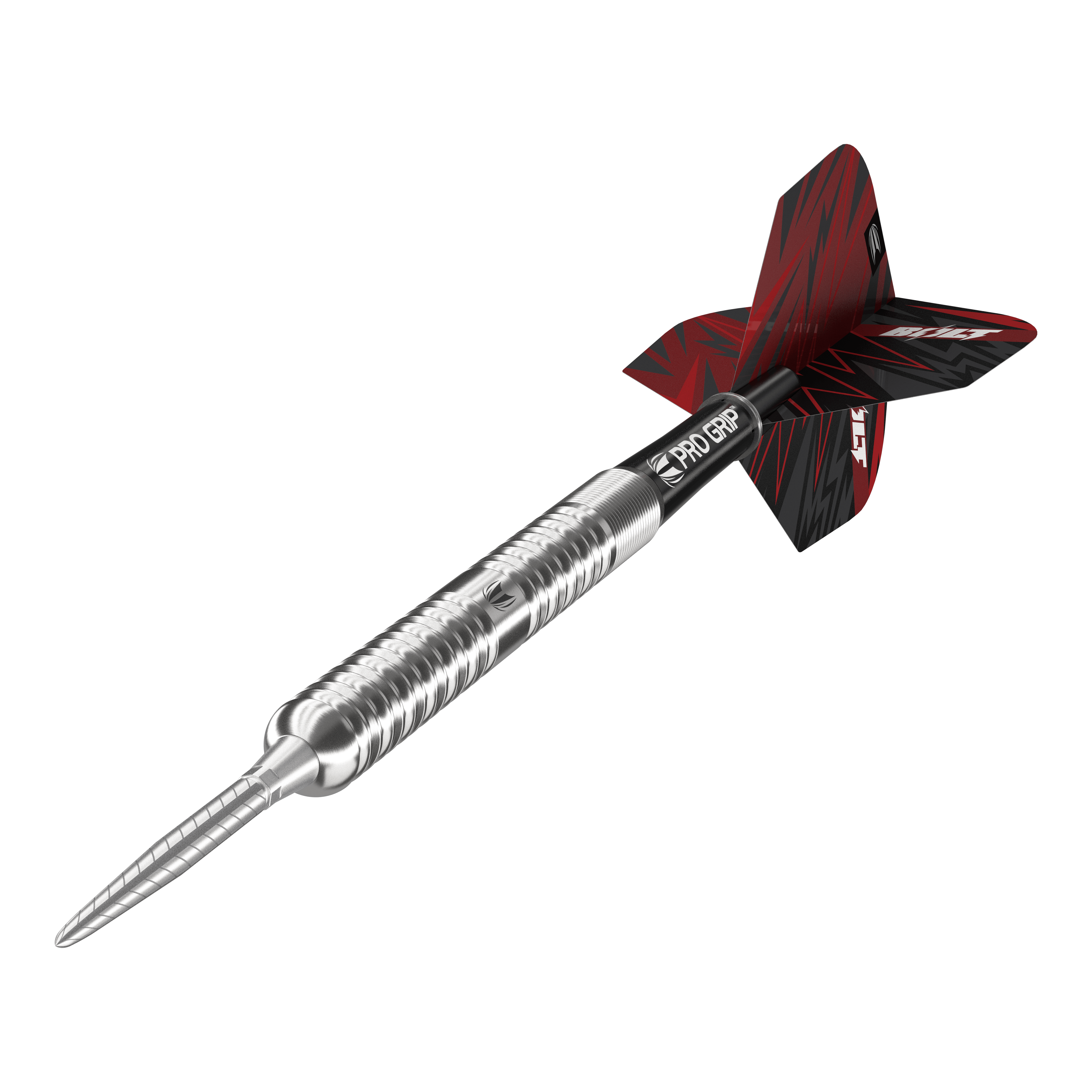 Target Sebastian Białecki GEN1 Swiss Point Steeldarts - 22g Das Bild zeigt den Target Sebastian Bialecki GEN1 Swiss Point Steeldart mit 22 Gramm Gewicht. Der Dartpfeil hat ein silbernes Metallgehäuse, einen schwarzen Schaft und ein rot-schwarzes Flight-Design.