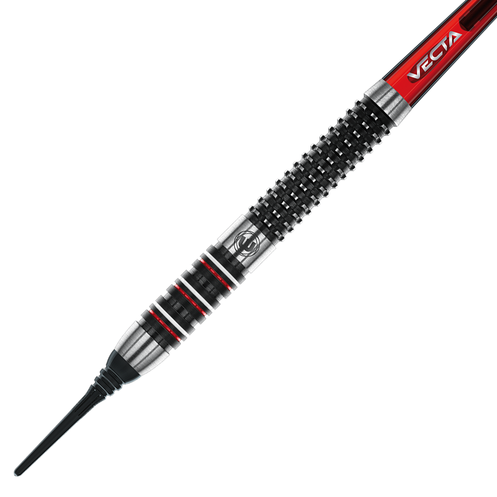 2466_Winmau_Florian_Hempel_Softdarts_2 Das Bild zeigt einen Winmau Florian Hempel Softdart mit einem Gewicht von 21g. Der Dartpfeil hat ein modernes Design mit schwarzen, silbernen und roten Akzenten.