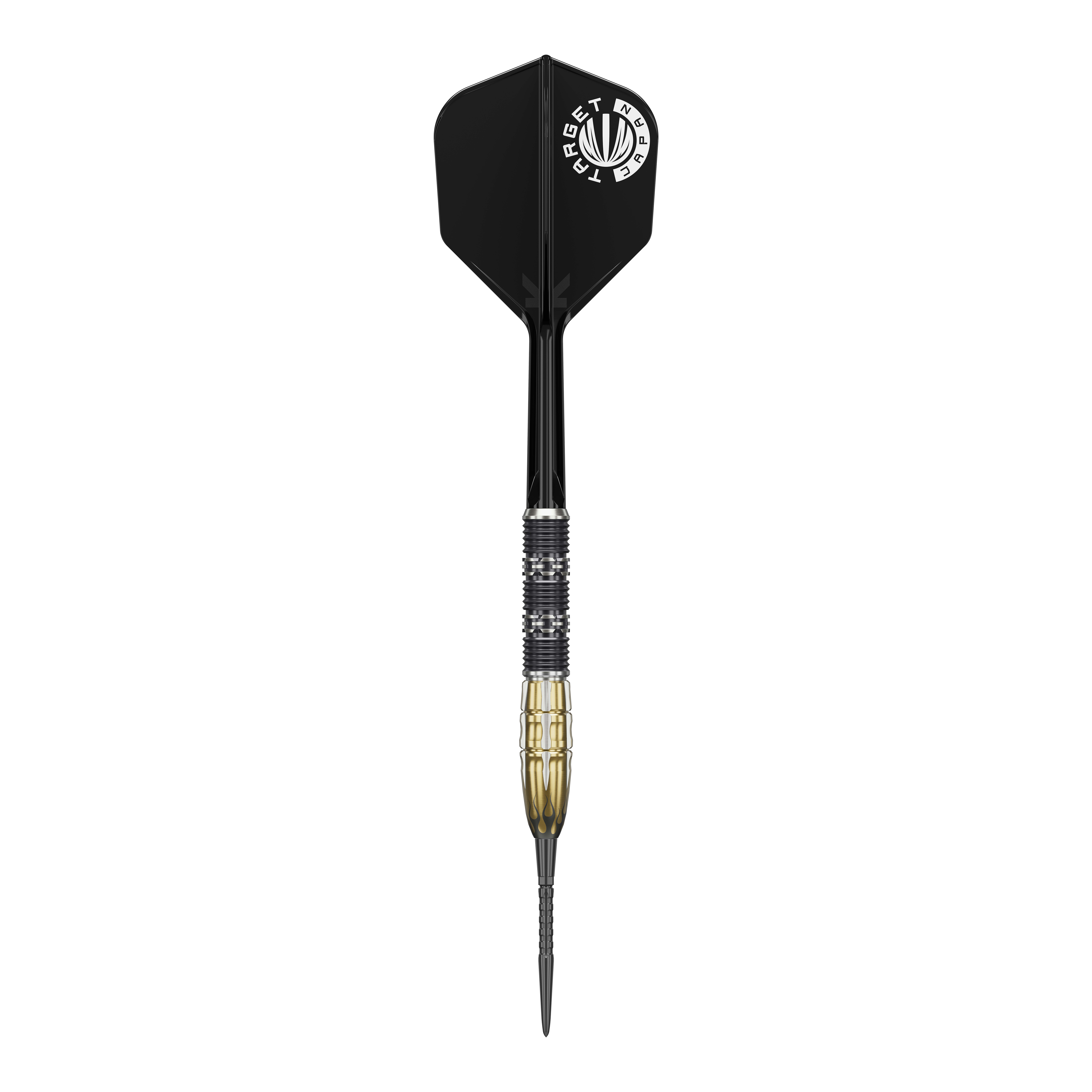 Das Bild zeigt einen Target Japan Pyro GEN11 Swiss Point Steeldart mit 22 Gramm Gewicht. Der Dart hat einen schwarzen Flight und einen schwarz-goldenen Barrel.