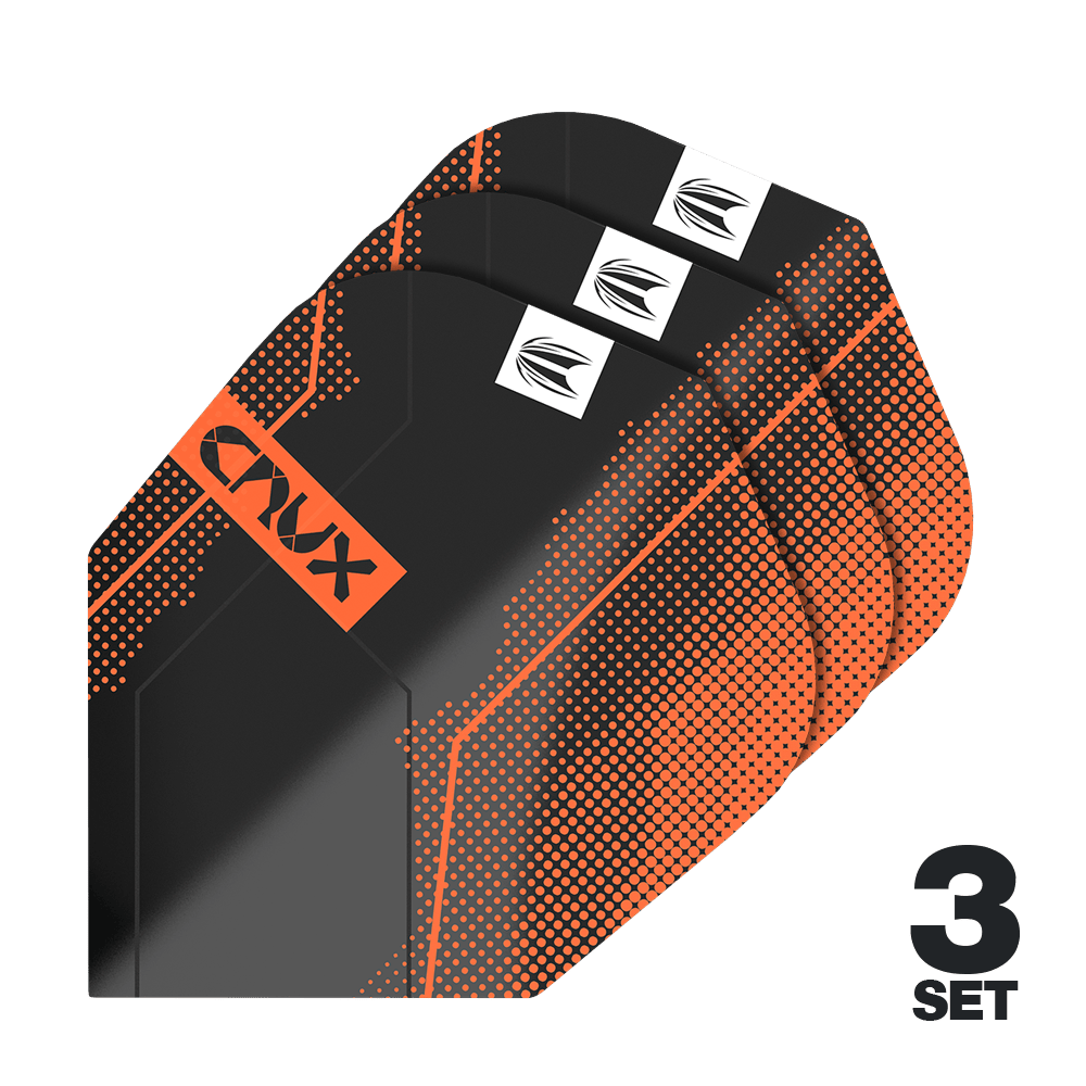Target Pro Ultra Crux No6 Loty - 3 serie - 3 serie Das Bild zeigt drei Sätze Target Pro Ultra Crux No6 Flights. Die Flights sind schwarz mit orangefarbenen Akzenten und dem Schriftzug "CRUX".