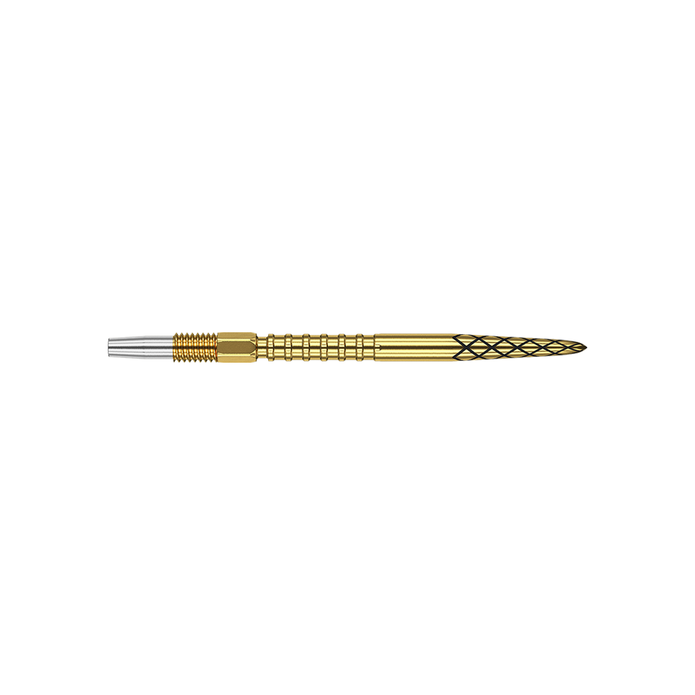 Das Bild zeigt eine goldfarbene Dartspitze mit einem feinen Rautenmuster. Der hintere Teil der Spitze ist silberfarben und geriffelt.