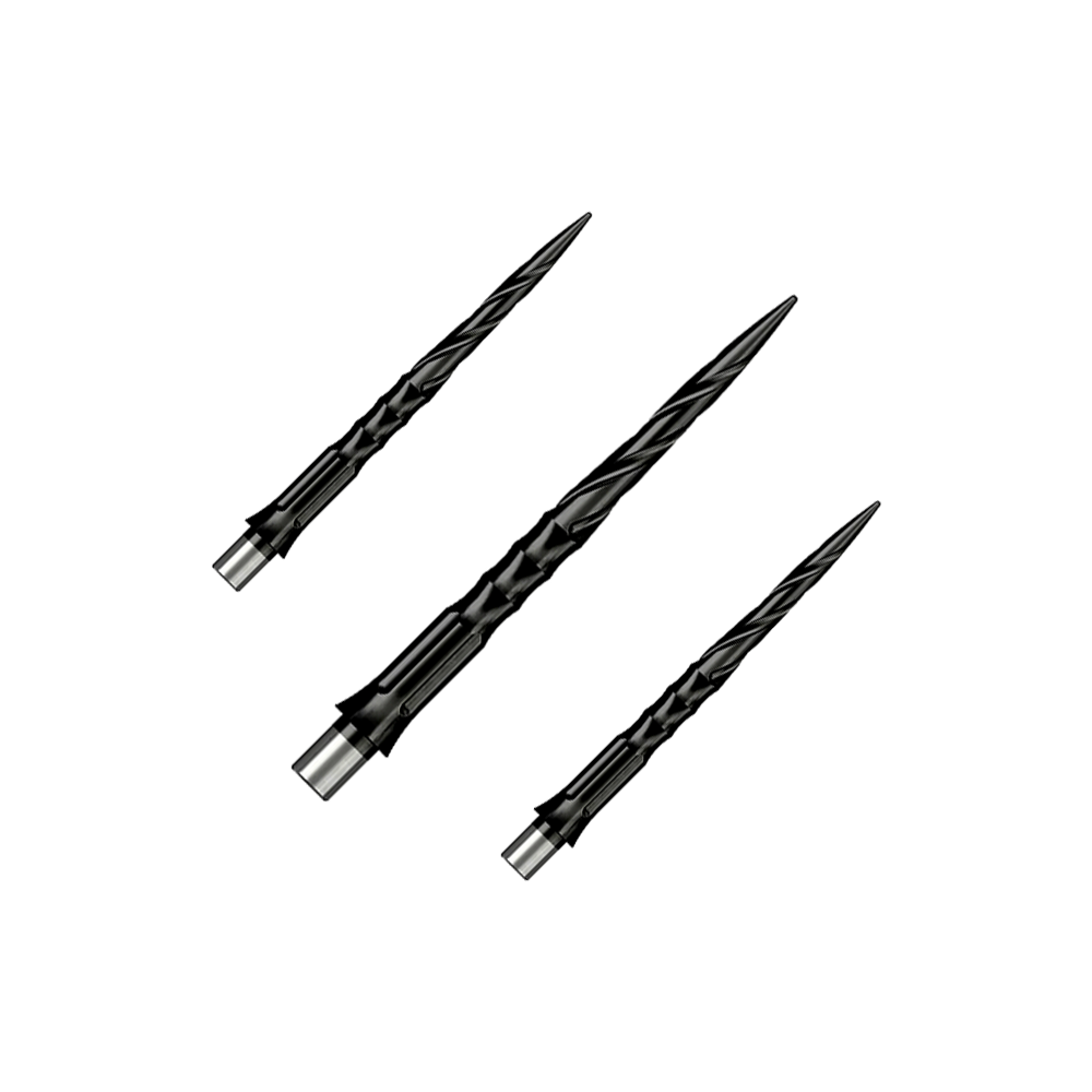 Stalowe groty do lotek Caliburn System - Spiro - Bez warg - Czarne Zu sehen ist ein Set von Caliburn Evo System Steeldartspitzen Spiro NoLip Black, 28 mm. Die Spitzen eignen sich für professionelle Steeldartspiele.
