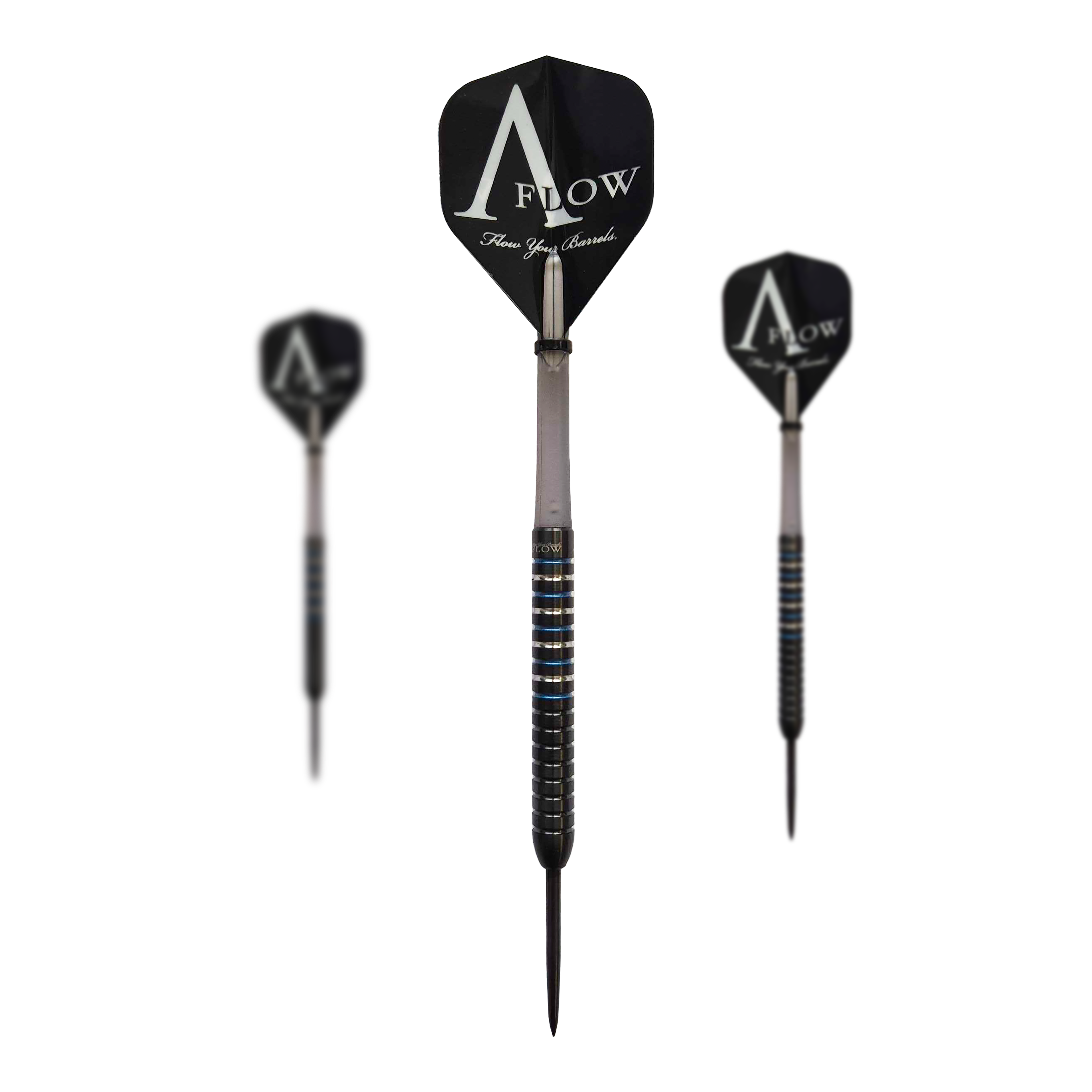 Dynasty Fallon Sherrock 4 S AFlow BK Steeldarts - z autografem - 23g Das Bild zeigt drei Steeldarts der Marke "Dynasty Fallon Sherrock 4 S AFlow BK" mit schwarzem Design und auffälligen Ringen am Barrel. Auf der schwarzen Flight steht groß "AFLOW" geschrieben.