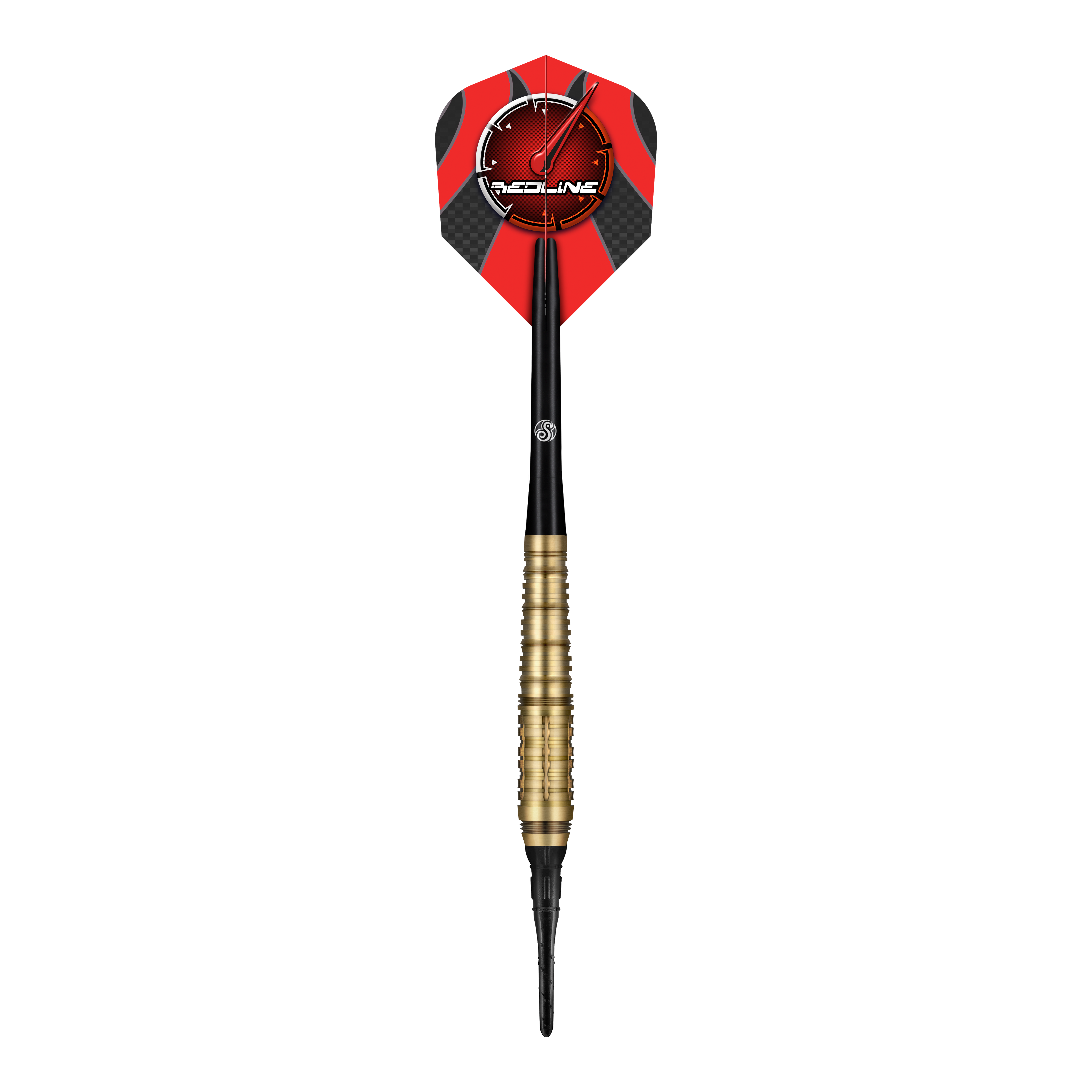 Miękkie lotki Shot Redline Mach 1 - 20g Das Bild zeigt einen Shot Redline Mach 1 Softdart mit einem Gewicht von 20g. Der Dart hat einen goldenen Griffbereich, einen schwarzen Schaft und eine rote Flights mit dem Redline-Logo.