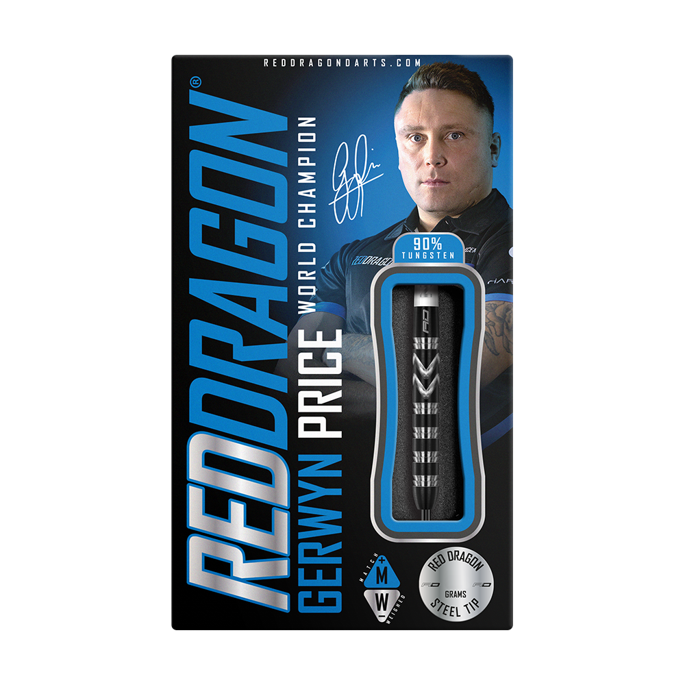 Auf dem Bild ist die Verpackung der "Red Dragon Gerwyn Price World Champion 2021 Special Edition Steeldarts" zu sehen. Auf der Vorderseite sind ein Foto von Gerwyn Price, seine Unterschrift und ein Dartpfeil abgebildet.