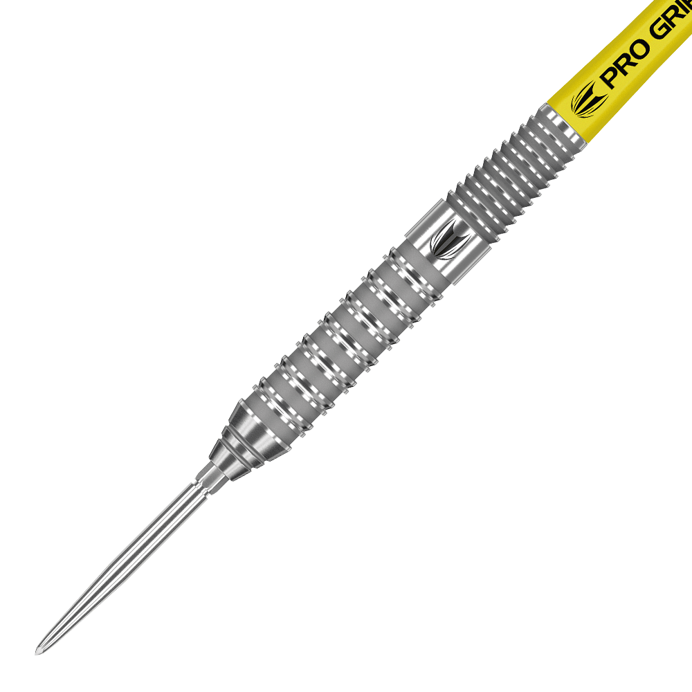 190054_Target_Bolide_02_Swiss_Point_Steeldarts_2 Das Bild zeigt den Target Bolide 02 Swiss Point Steeldart. Der Dartpfeil hat eine silberne, gerändelte Oberfläche und einen gelben Schaft mit der Aufschrift "Pro Grip".