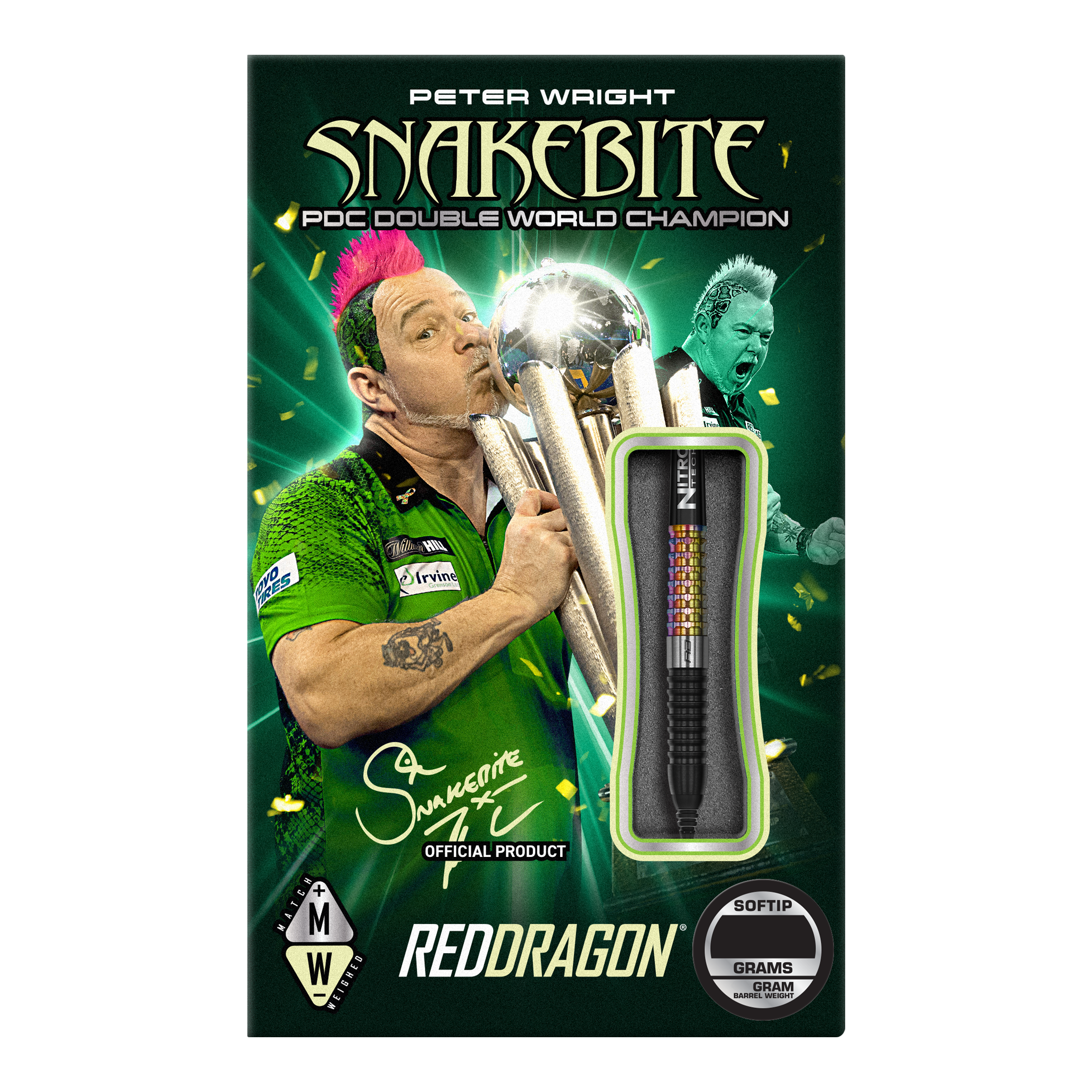 Auf der Verpackung ist der Dartspieler Peter Wright mit einer Trophäe abgebildet. Das Produkt sind die "Red Dragon Peter Wright Corra Softdarts - 18g" mit Softspitze.