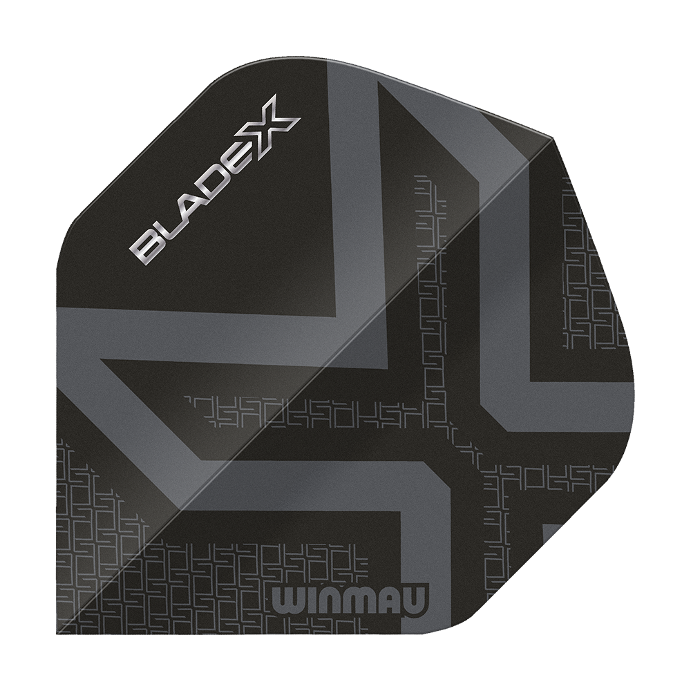 Winmau Prism Delta Blade X Metallic Black No2 Standardowe lotki Dies ist ein Winmau Prism Delta Blade X Metallic Black No2 Standard Flights. Man sieht ein hochwertiges Dartflugblatt in schwarzem Metall-Look.