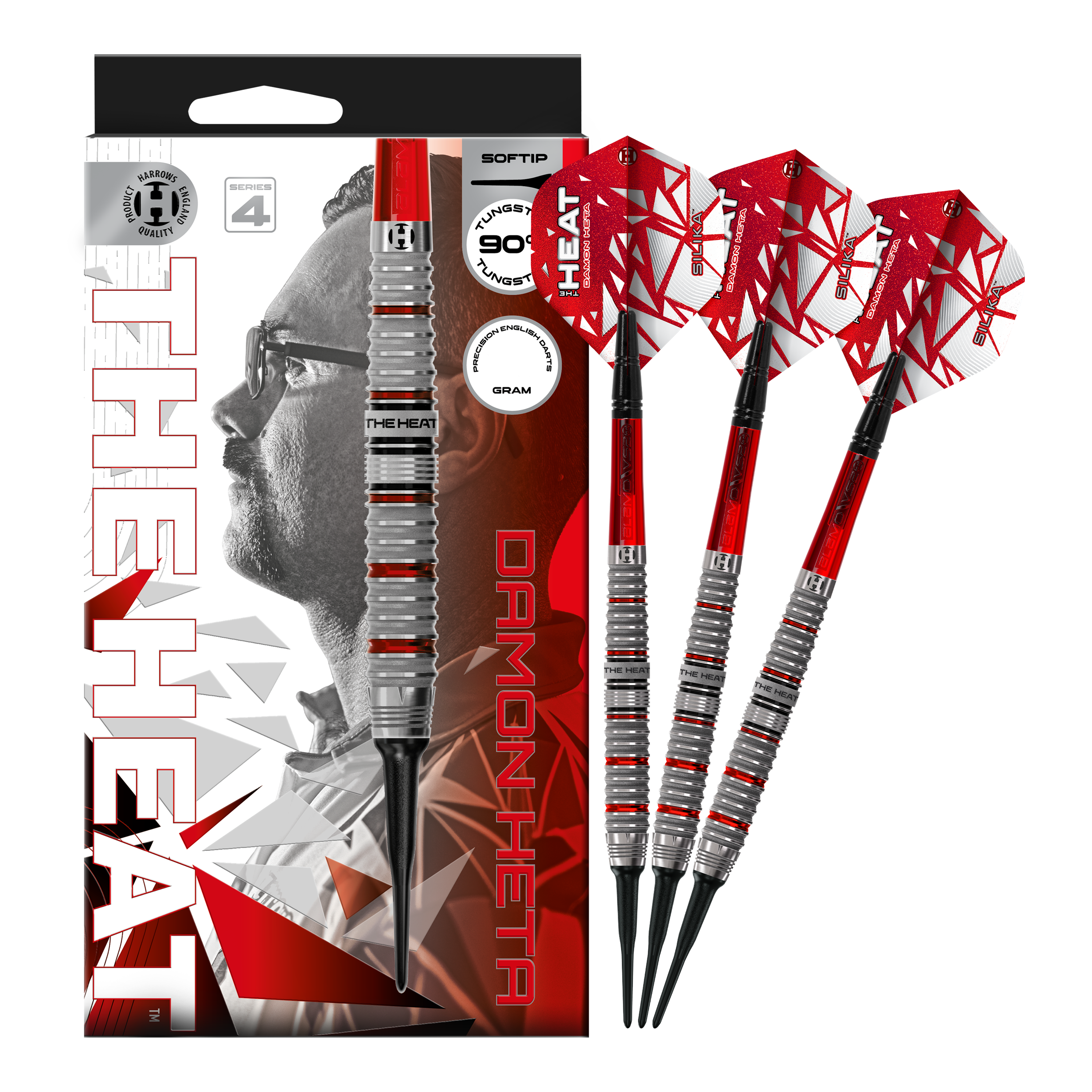 Hier ist das Produkt Harrows Damon Heta Series 4 Softdarts zu sehen. Die Darts zeichnen sich durch ihre hochwertige Verarbeitung aus.