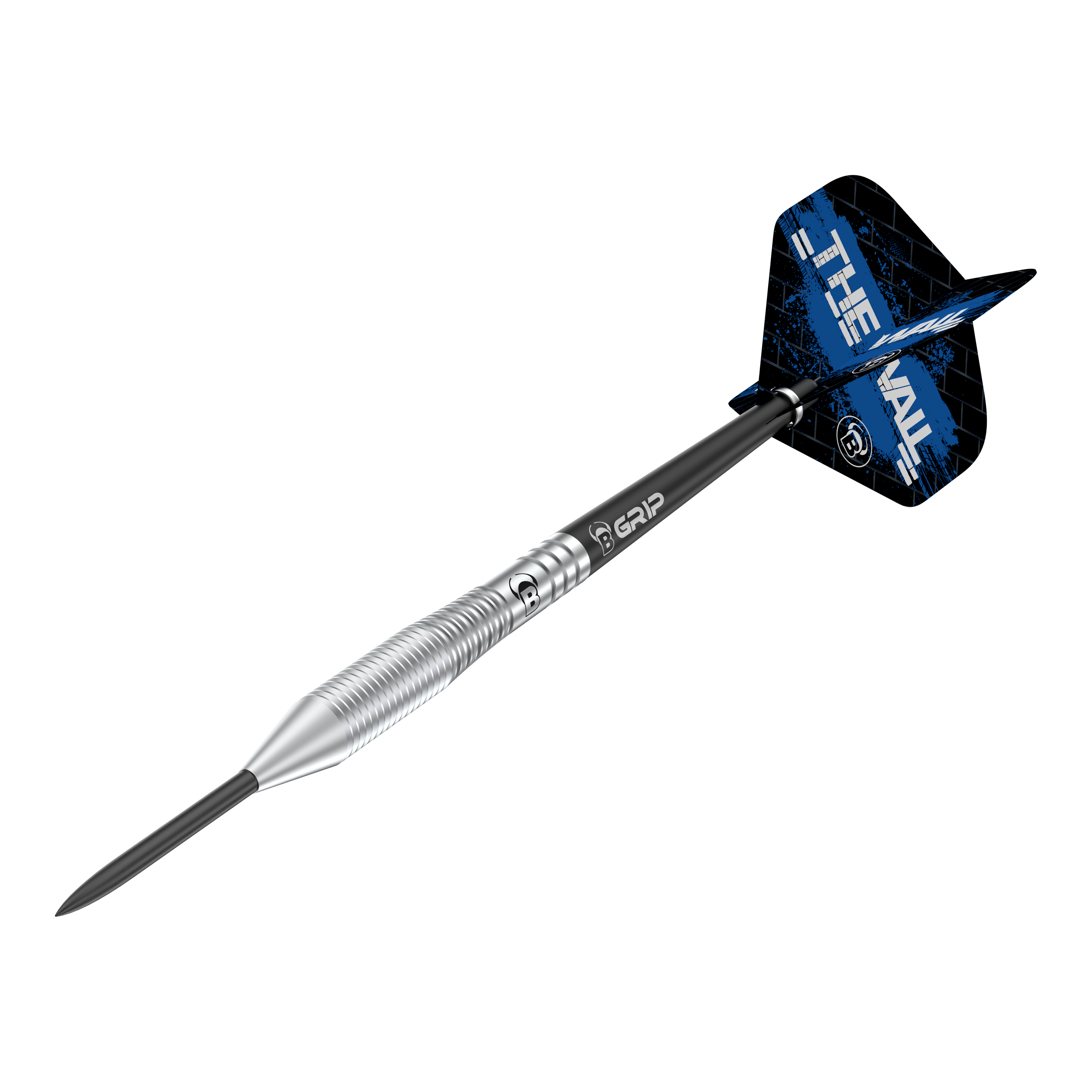 Das Bild zeigt einen Steeldart namens "Bulls Martin Schindler TW80". Der Dart hat einen silbernen, geriffelten Schaft und blaue Flights mit der Aufschrift "THE WALL".