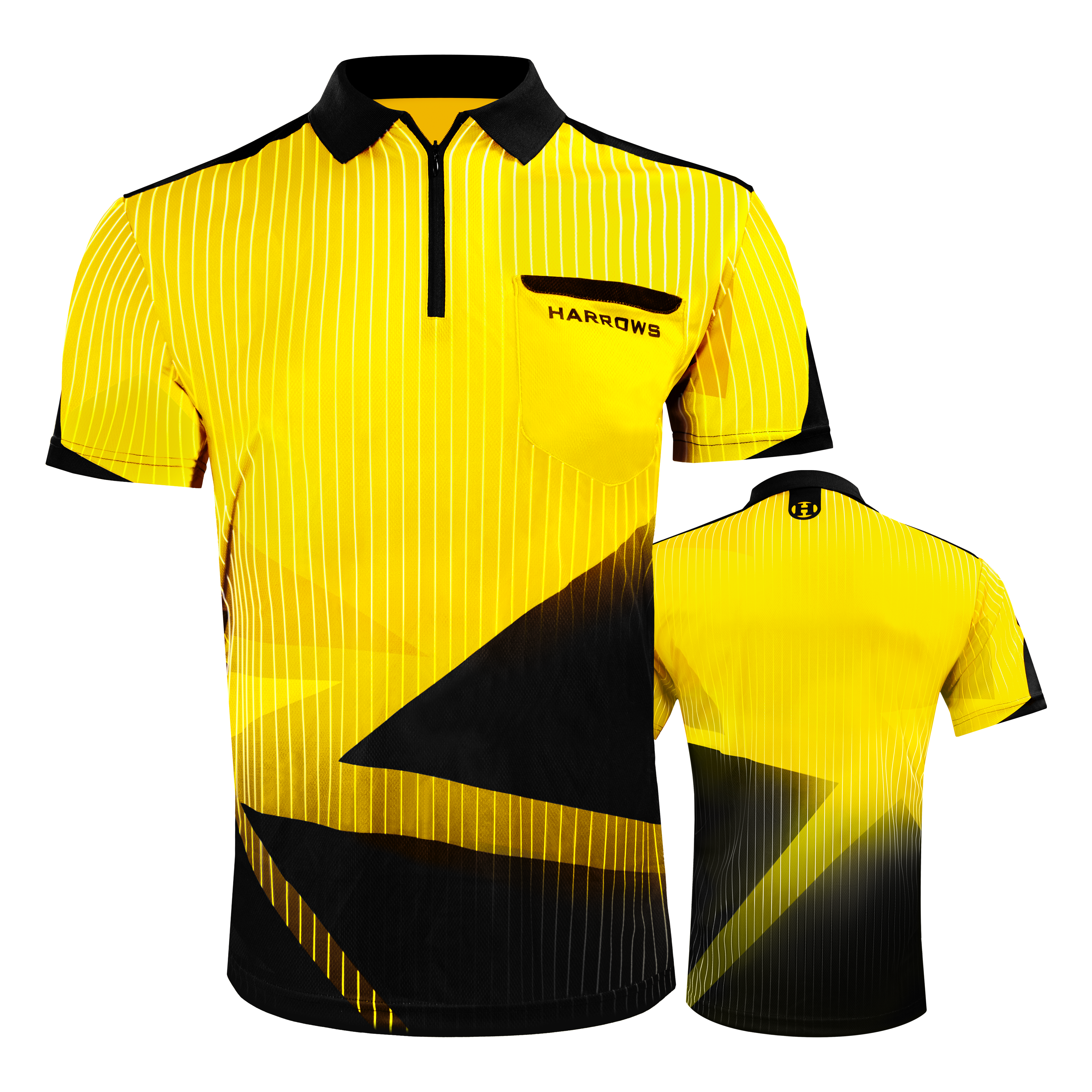 Harrows Shard Dartshirt - Gelb Das Bild zeigt das "Harrows Shard Dartshirt - Gelb" mit einem modernen gelb-schwarzen Design und weißen Streifen. Auf der Vorderseite befindet sich eine Brusttasche mit dem Aufdruck "HARROWS".