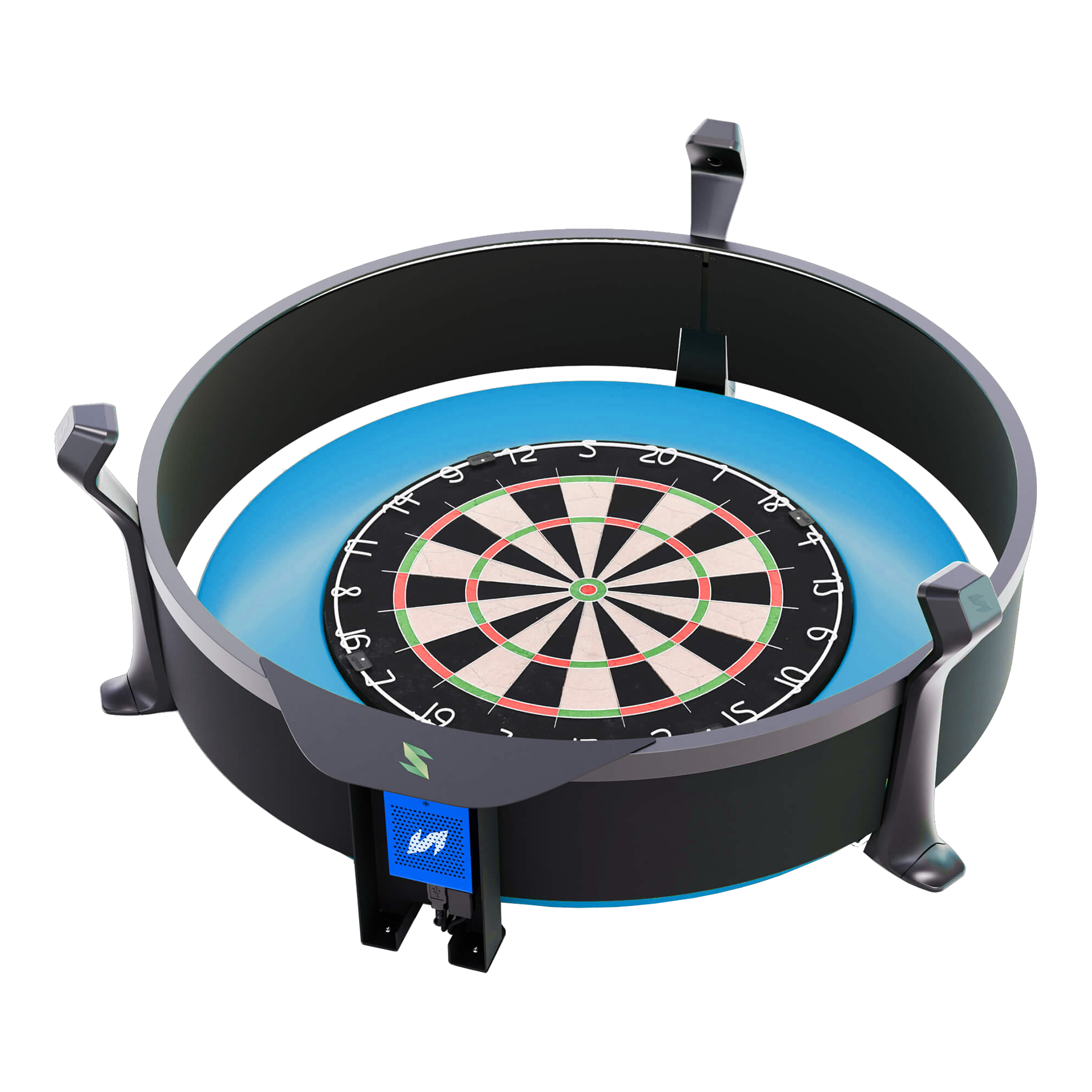 Das Bild zeigt das Produkt "Scolia Home 2 FLEX – Electronic Score System mit Beleuchtungsring". Es handelt sich um ein elektronisches Punktesystem für Dartboards mit integriertem LED-Leuchtring.