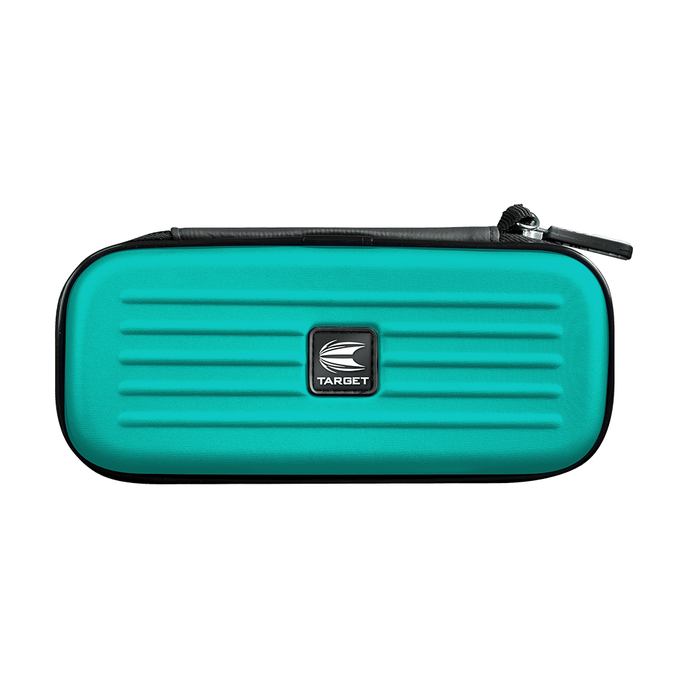 Dies ist das Produkt "Target Takoma Dartwallet". Es ist ein türkisfarbenes Etui mit Reißverschluss und einem Target-Logo auf der Vorderseite.