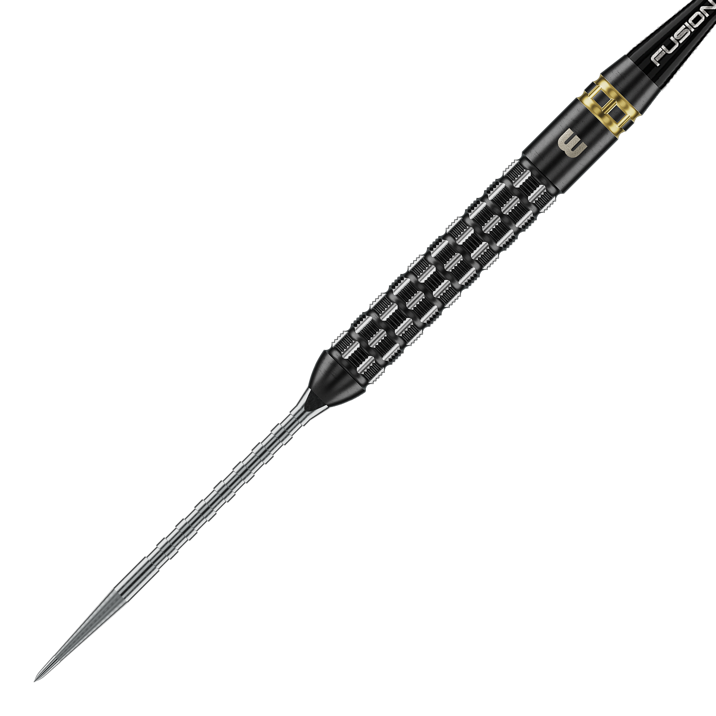 Gezeigt werden Winmau Gian Van Veen TS-PRO Switch Point Steeldarts. Die Darts befinden sich in einer ordentlichen Reihe auf hellem Hintergrund.